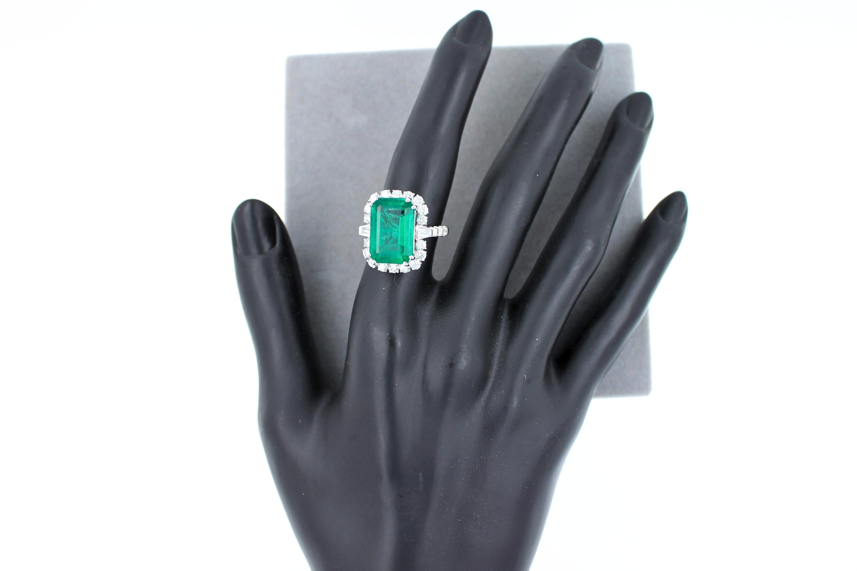 Green Emerald Octagon Cut Rectangle Diamond Halo Baguette 18K White Gold Ring