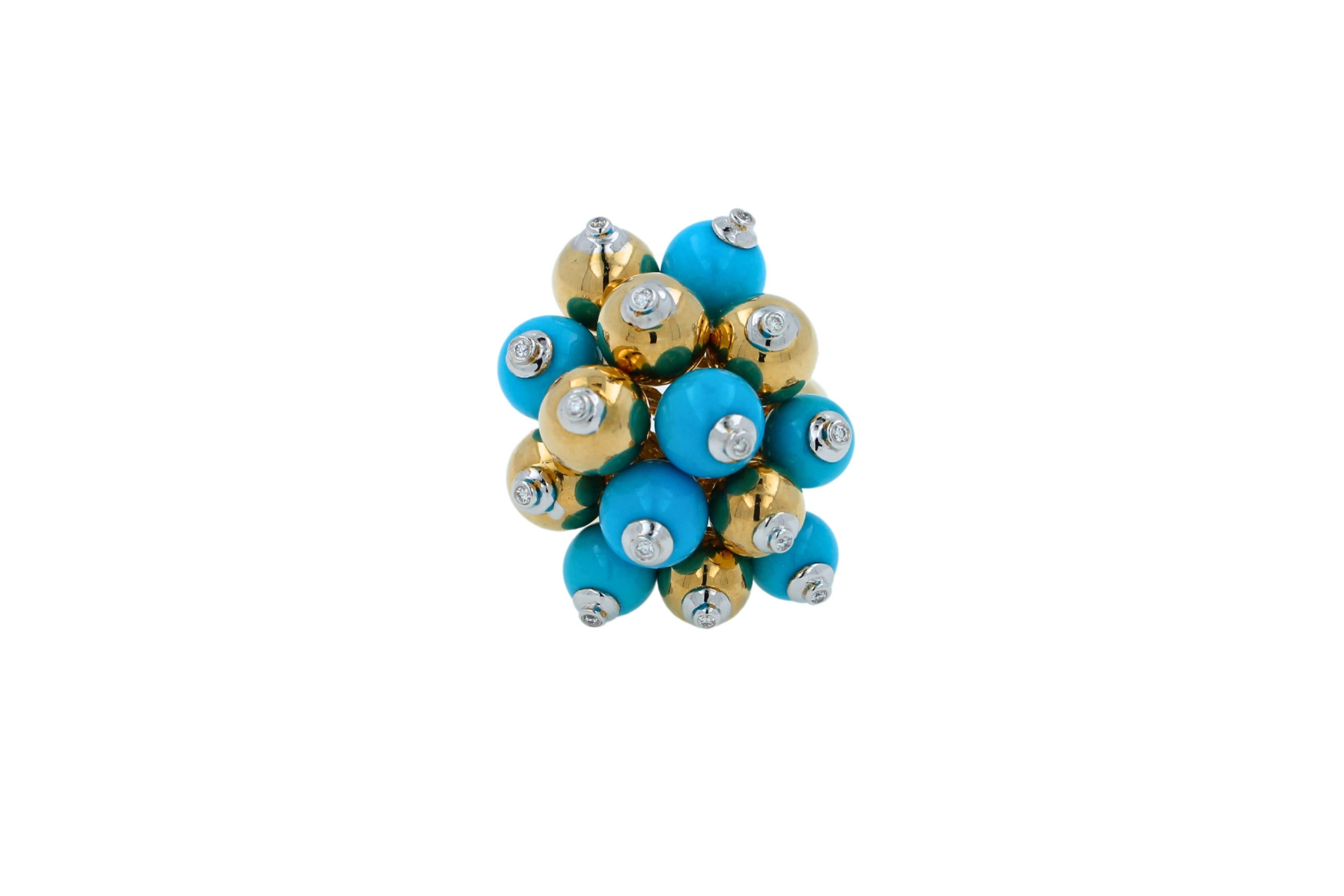 Blue Turquoise Diamonds Golden Spheres Balls Christmas Bells Motif 18K Gold Ring