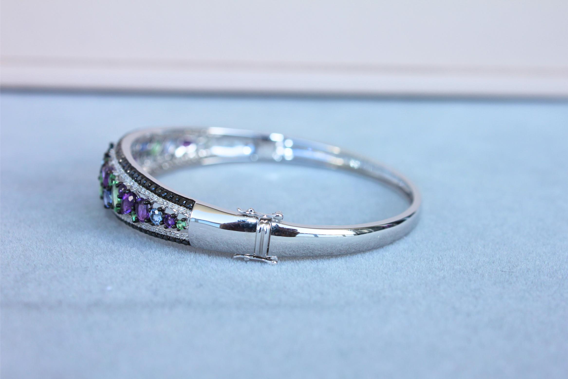 Diamonds Multi Fancy Shape Multi Color Gemstones 14K White Gold Bangle Bracelet