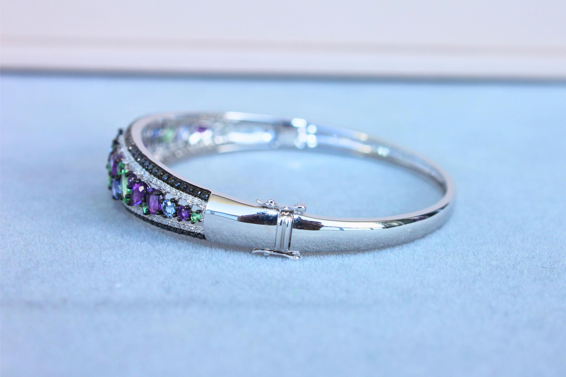 Diamonds Multi Fancy Shape Multi Color Gemstones 14K White Gold Bangle Bracelet