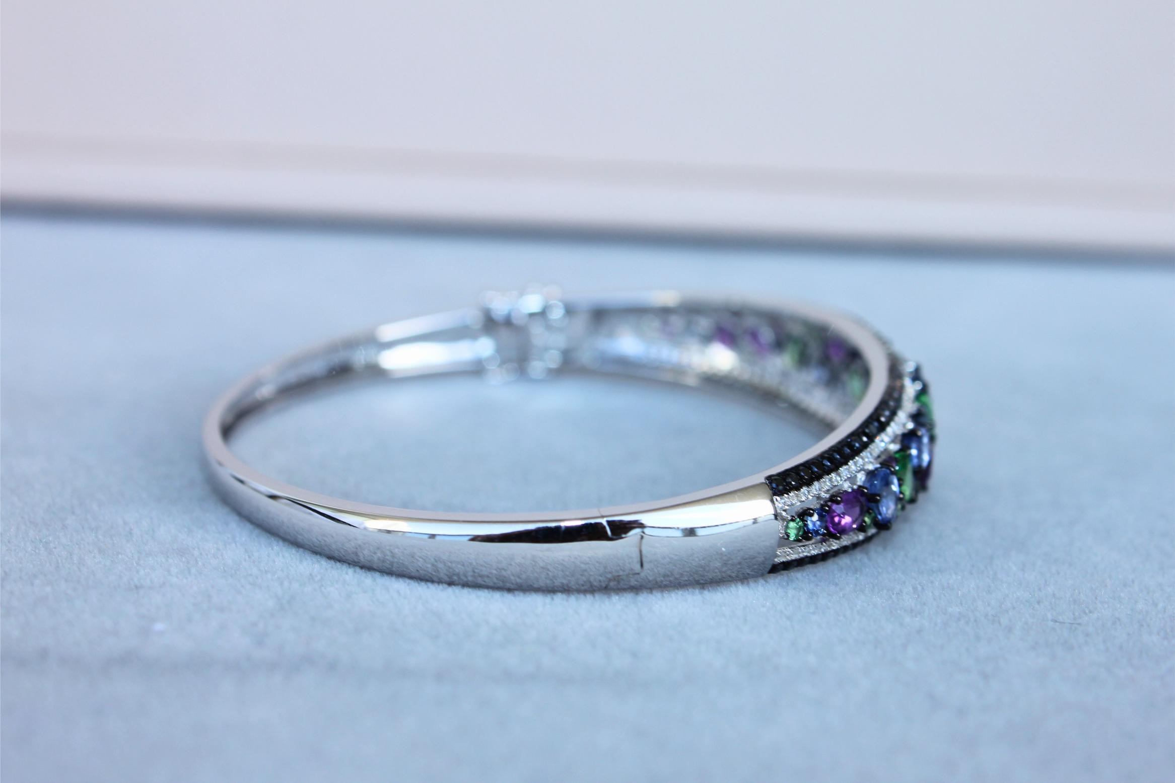 Diamonds Multi Fancy Shape Multi Color Gemstones 14K White Gold Bangle Bracelet