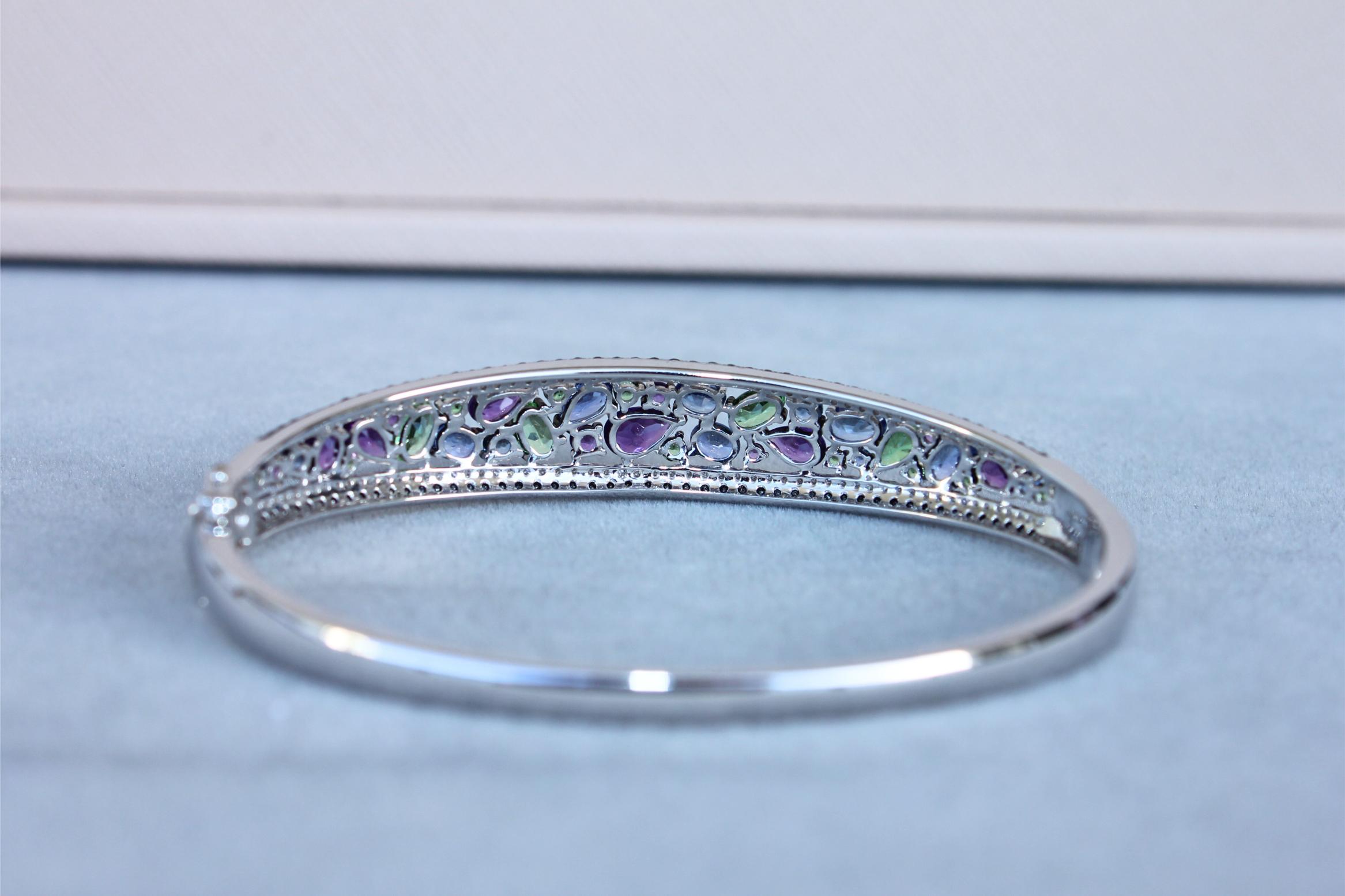Diamonds Multi Fancy Shape Multi Color Gemstones 14K White Gold Bangle Bracelet