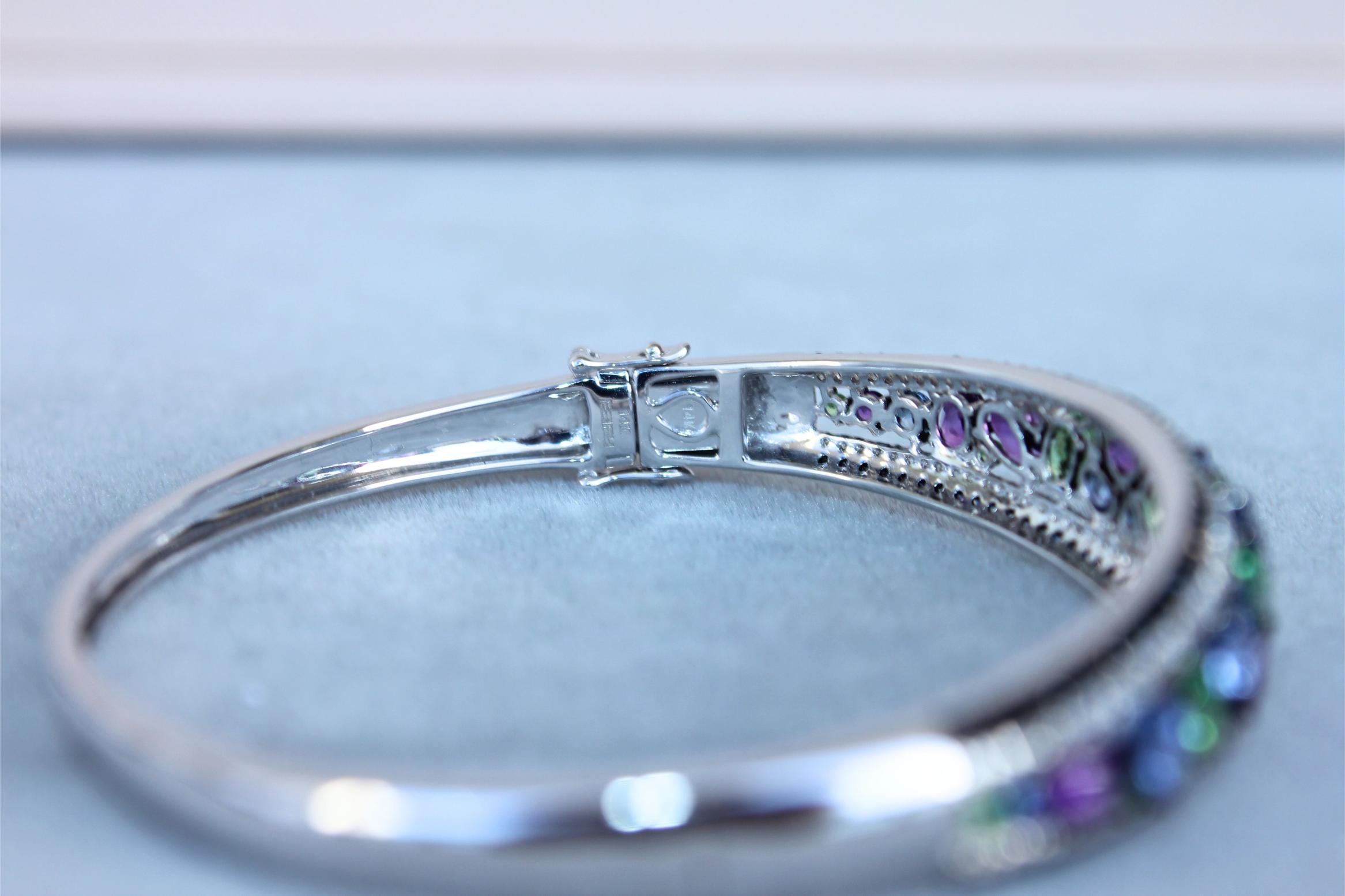 Diamonds Multi Fancy Shape Multi Color Gemstones 14K White Gold Bangle Bracelet