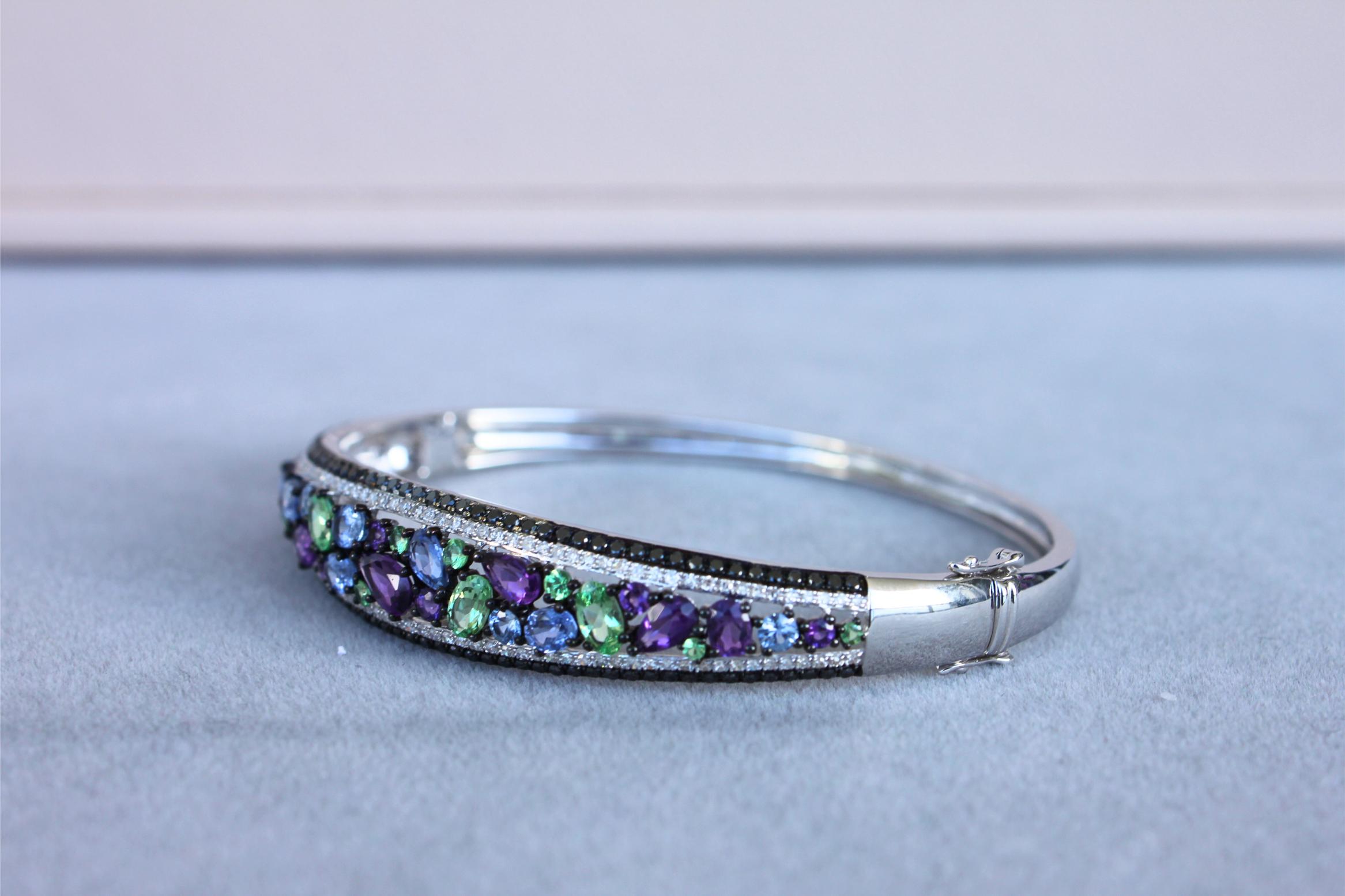 Diamonds Multi Fancy Shape Multi Color Gemstones 14K White Gold Bangle Bracelet