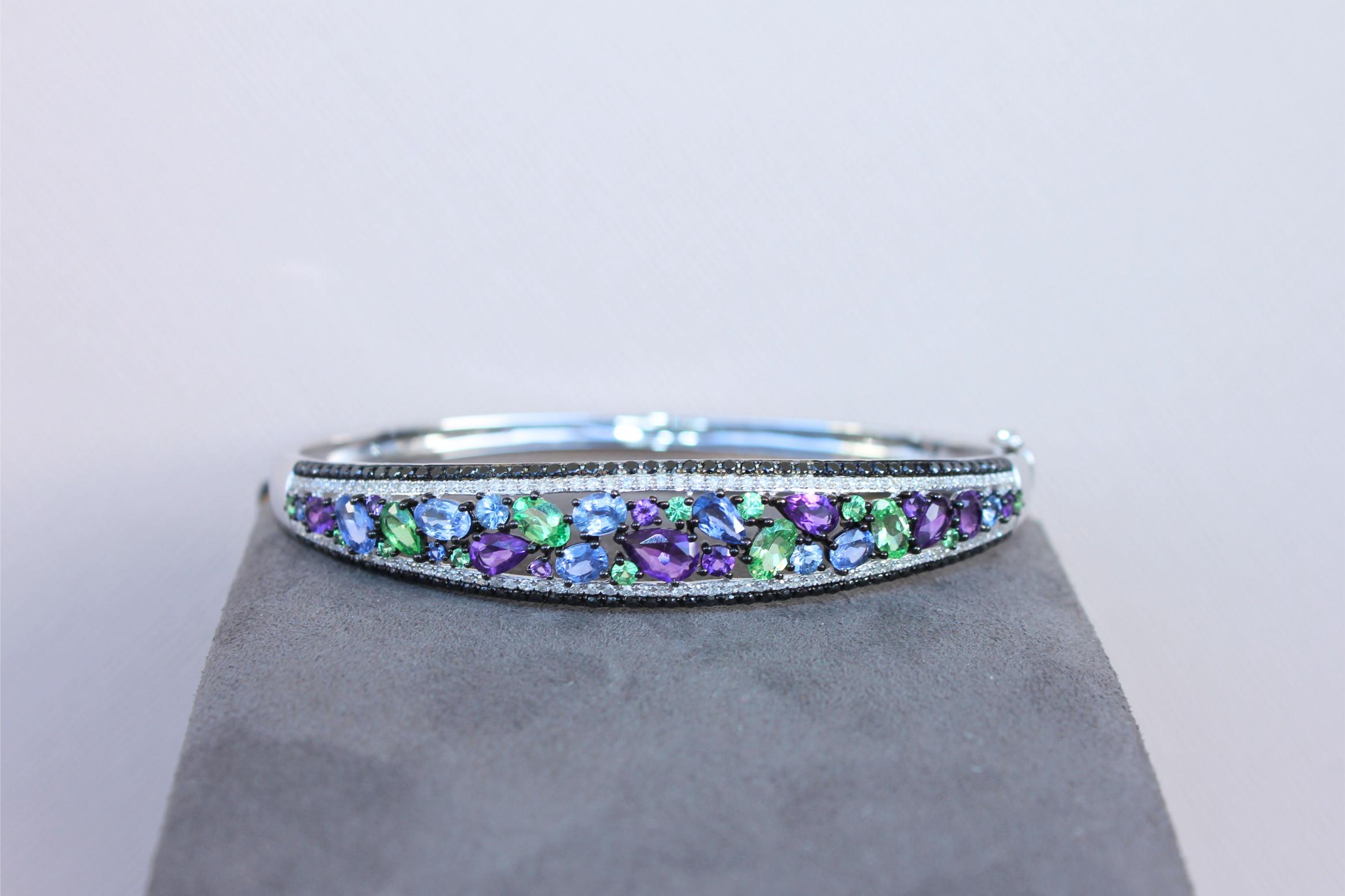 Diamonds Multi Fancy Shape Multi Color Gemstones 14K White Gold Bangle Bracelet