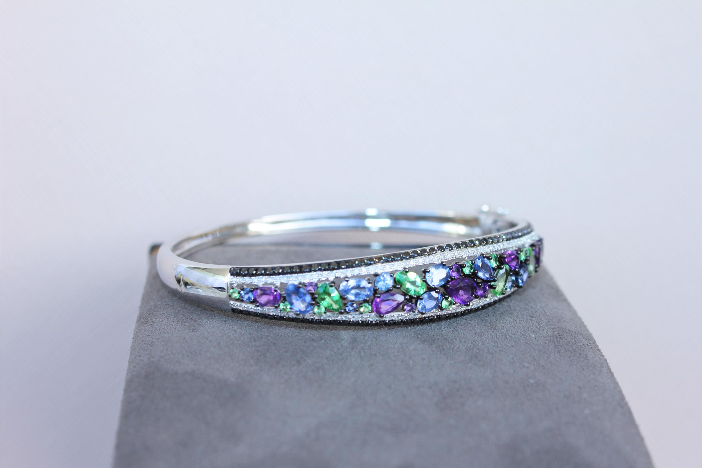 Diamonds Multi Fancy Shape Multi Color Gemstones 14K White Gold Bangle Bracelet