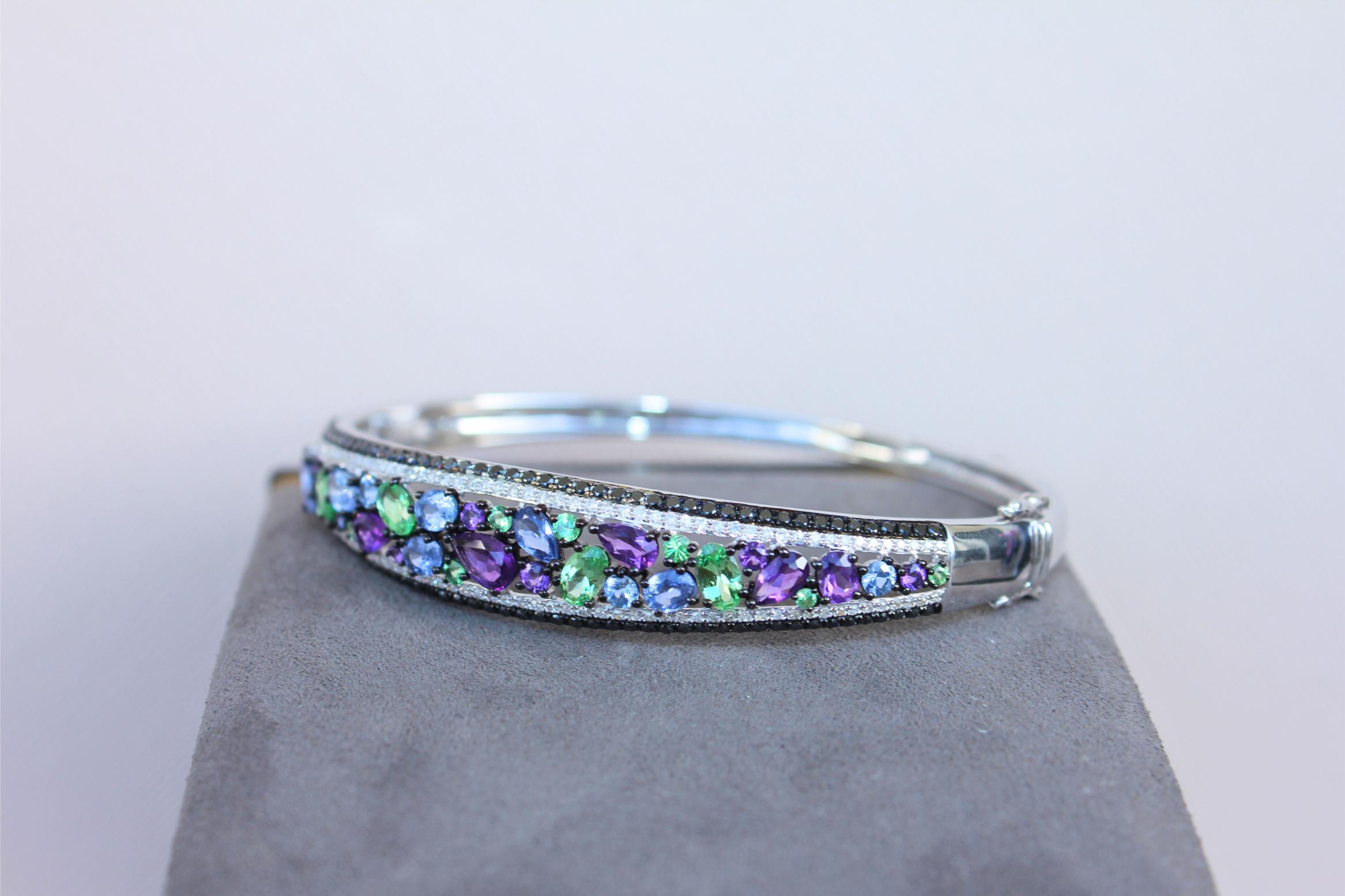 Diamonds Multi Fancy Shape Multi Color Gemstones 14K White Gold Bangle Bracelet