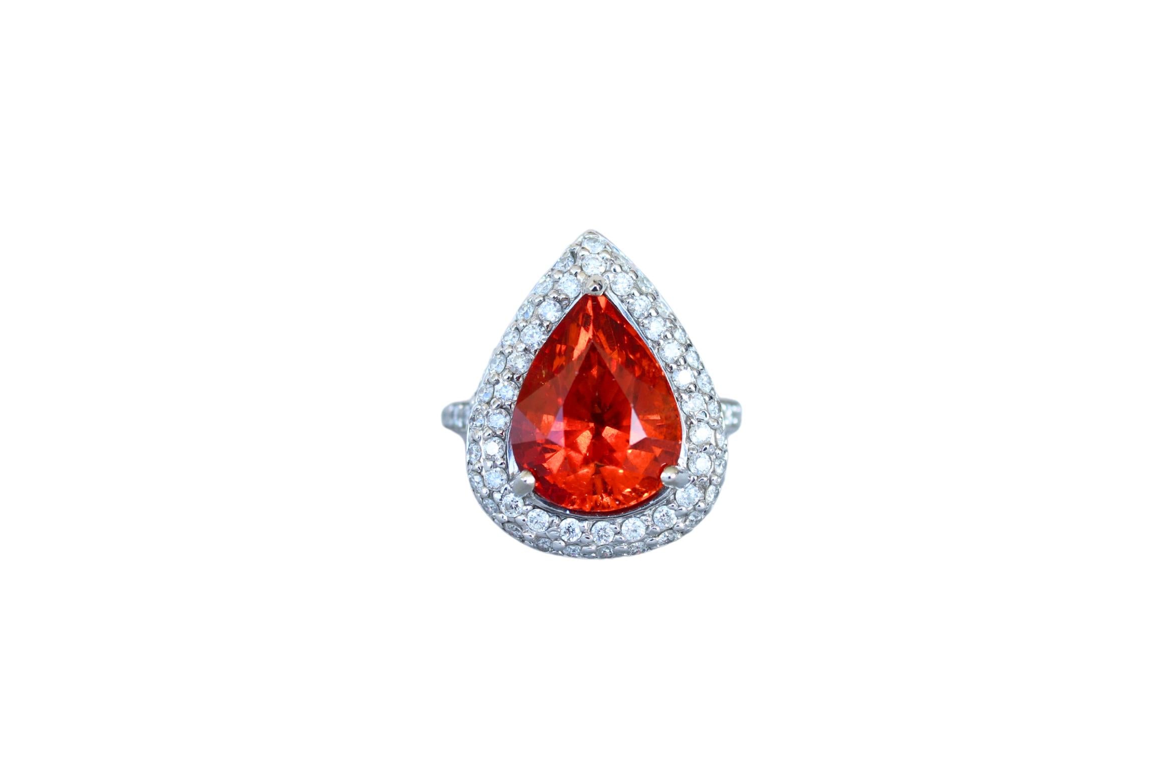 Mandarin Garnet Spessartine Pear Drop Shape Diamond Halo Pave White Gold Ring