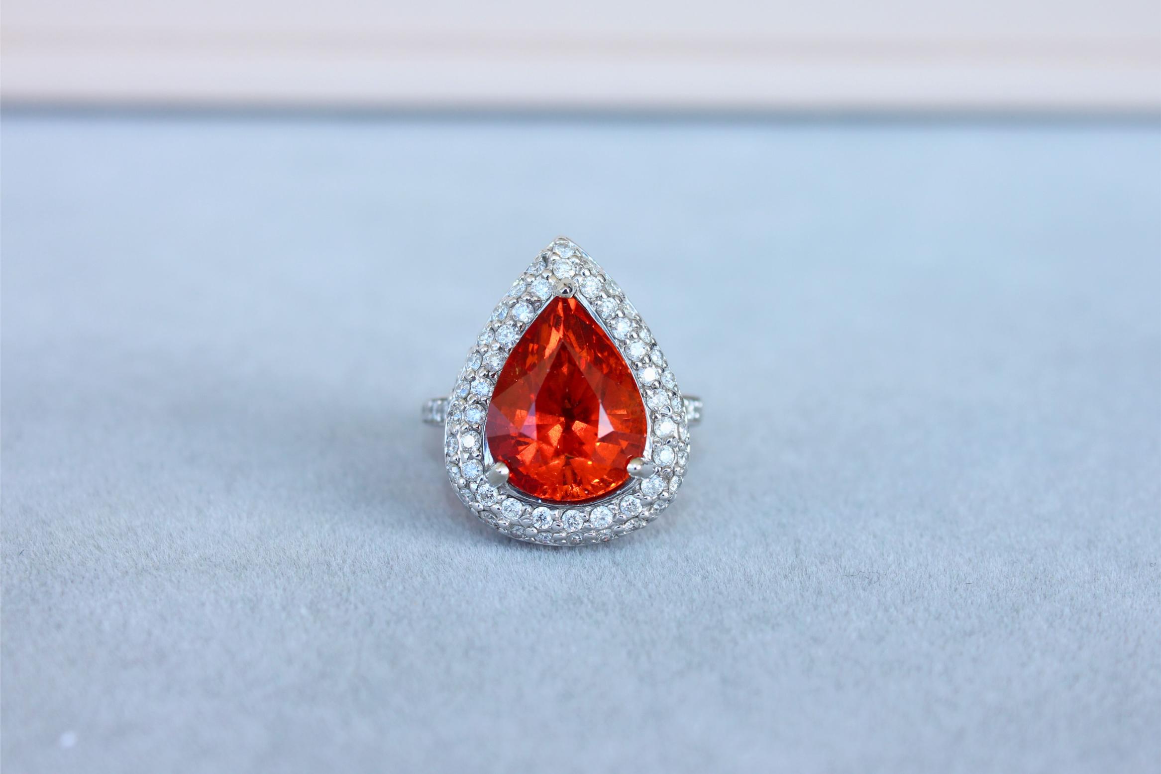 Mandarin Garnet Spessartine Pear Drop Shape Diamond Halo Pave White Gold Ring