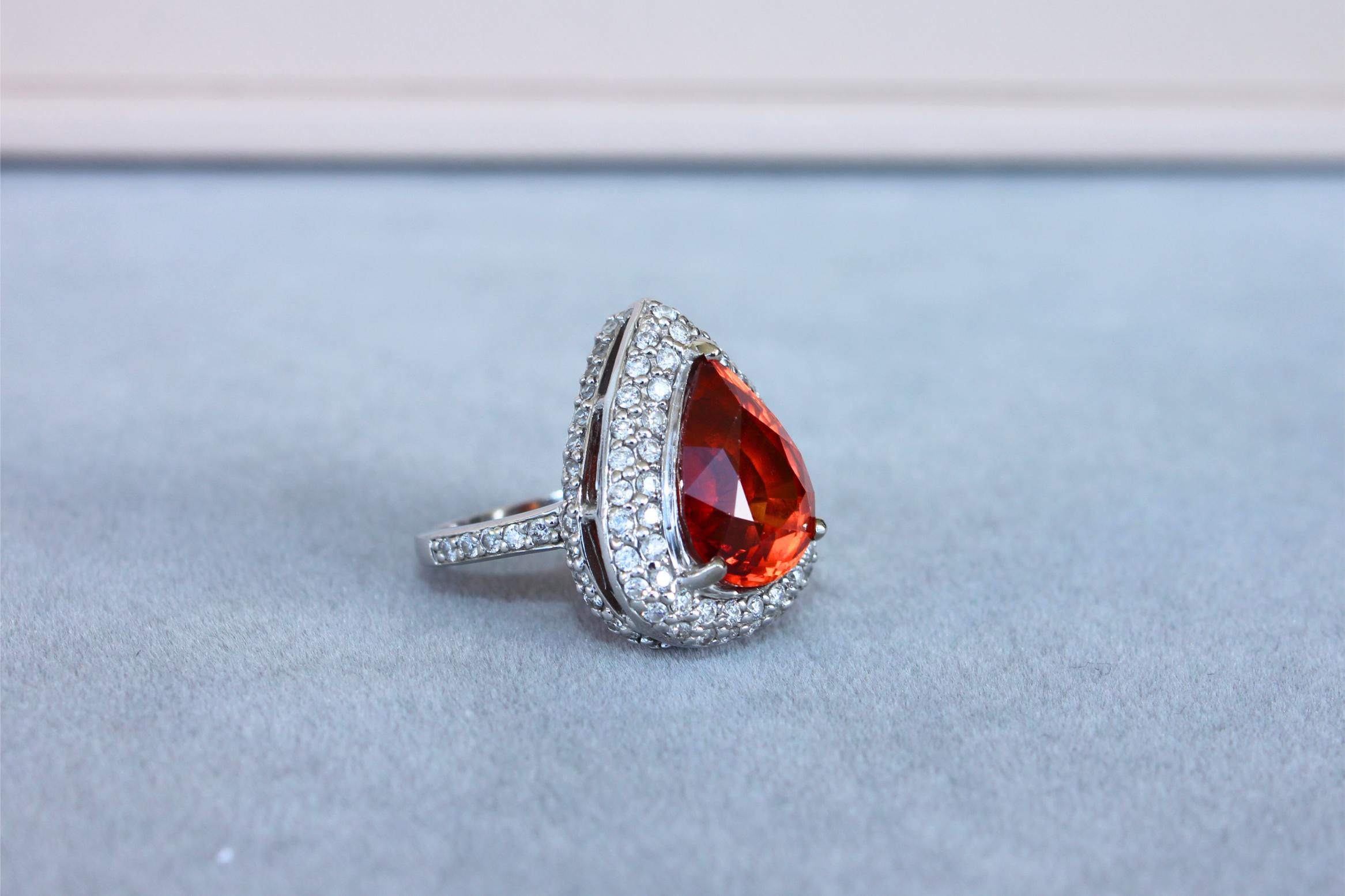 Mandarin Garnet Spessartine Pear Drop Shape Diamond Halo Pave White Gold Ring