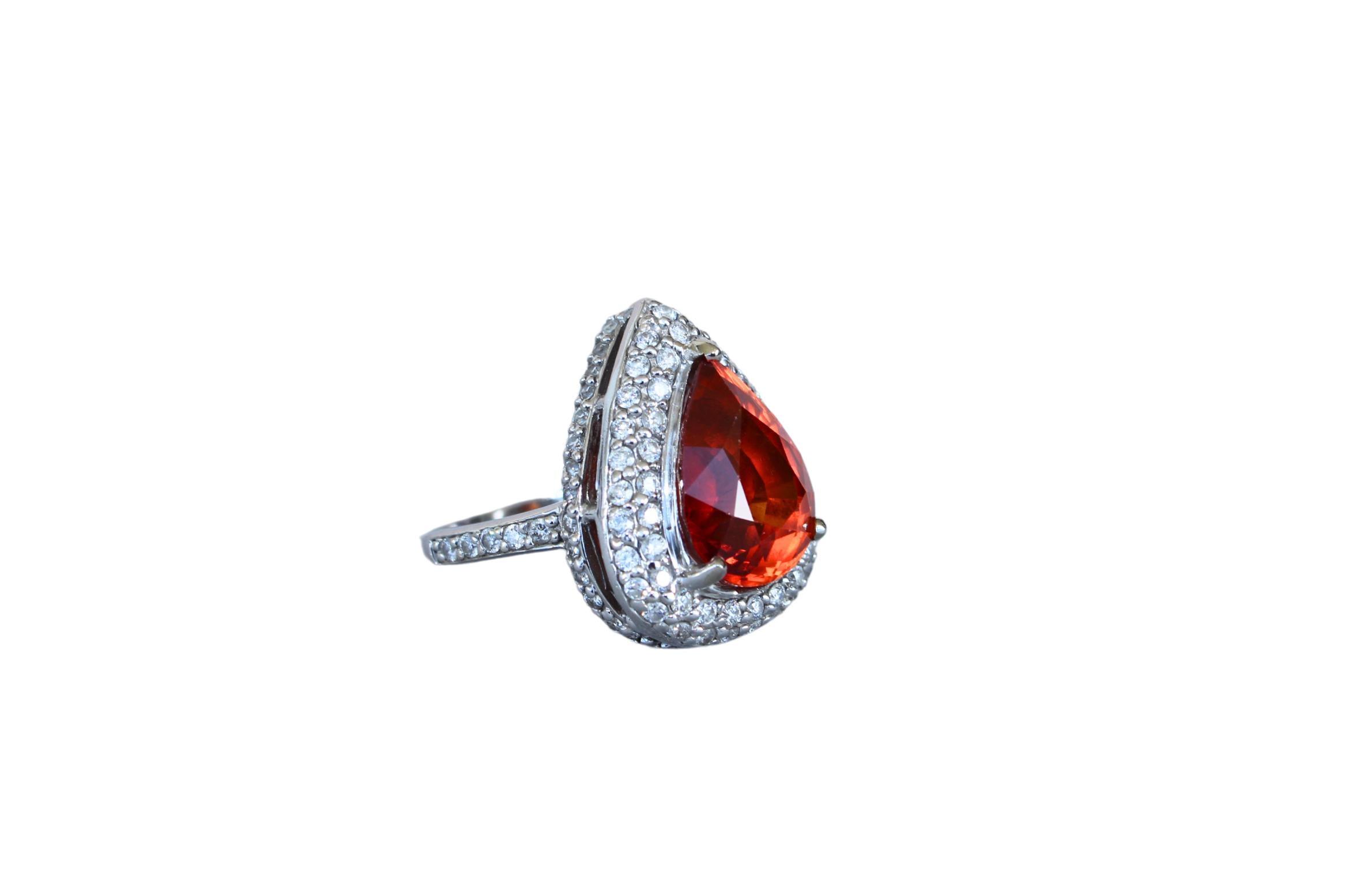 Mandarin Garnet Spessartine Pear Drop Shape Diamond Halo Pave White Gold Ring