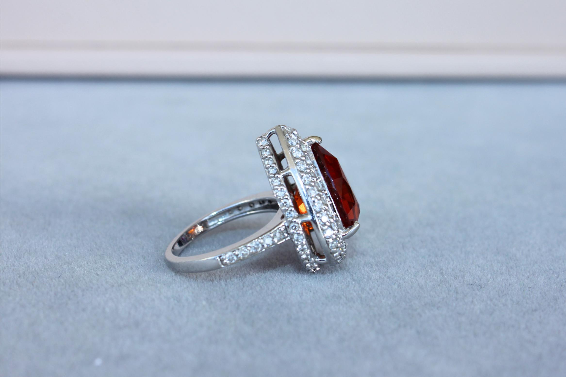 Mandarin Garnet Spessartine Pear Drop Shape Diamond Halo Pave White Gold Ring