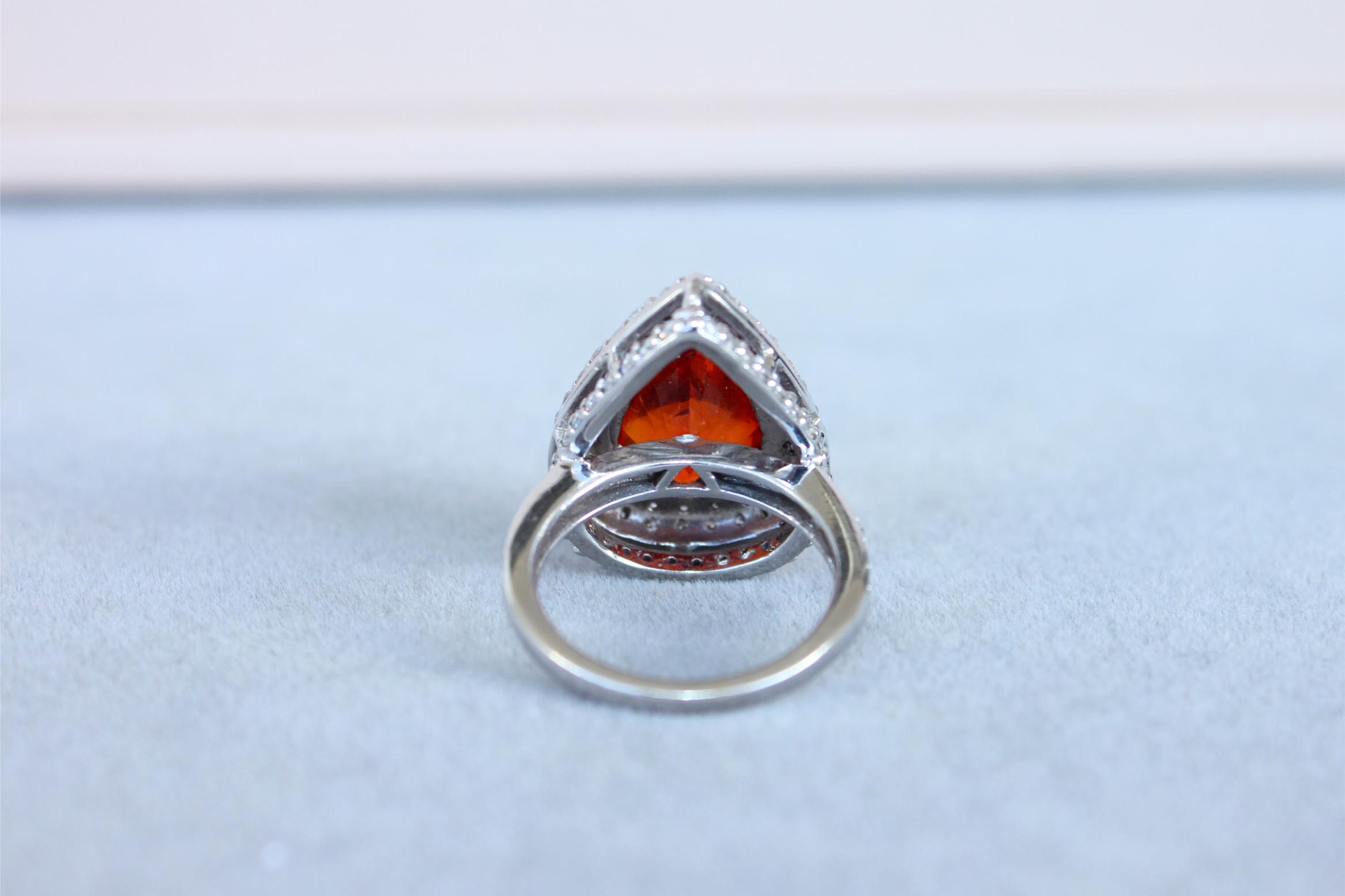 Mandarin Garnet Spessartine Pear Drop Shape Diamond Halo Pave White Gold Ring