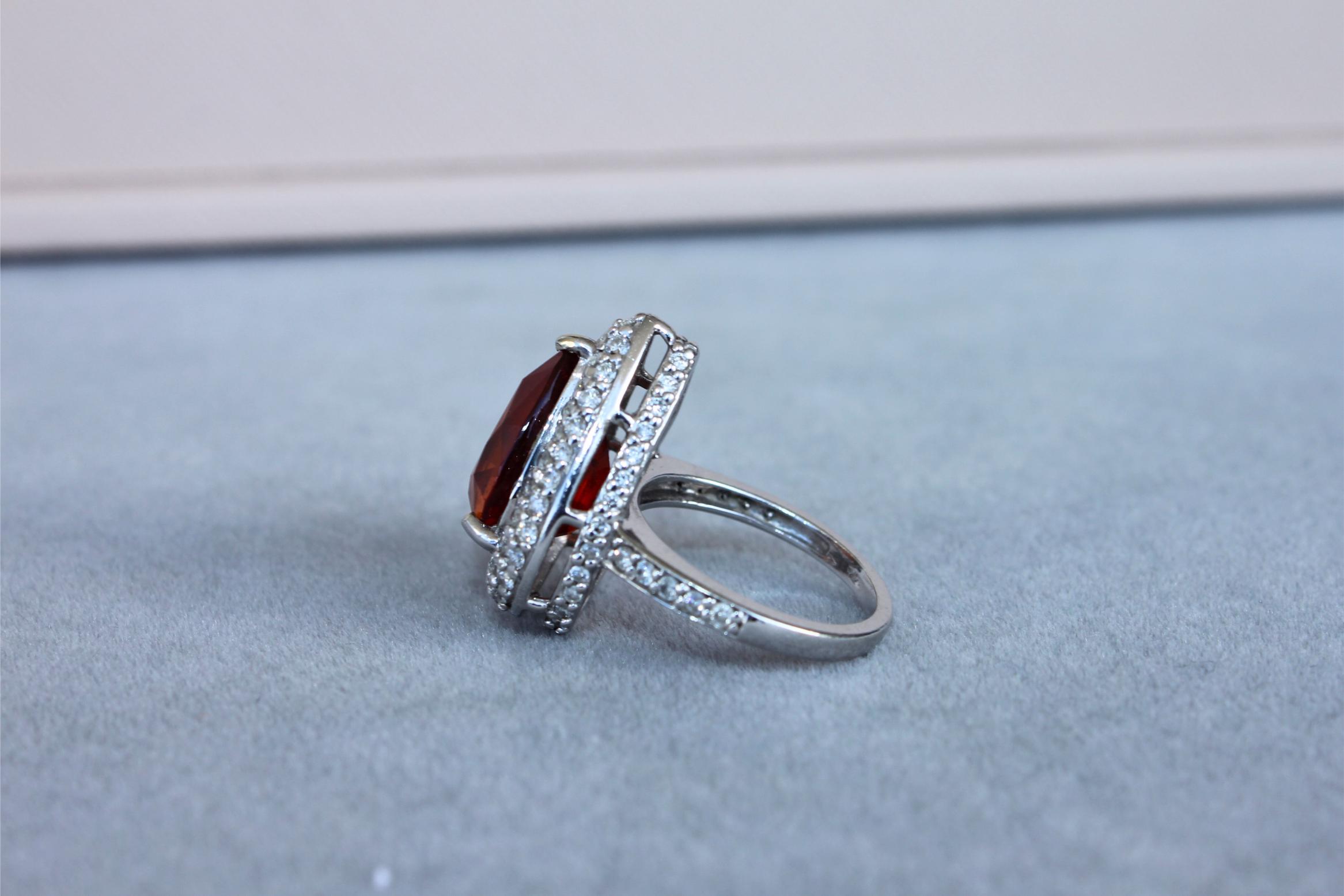Mandarin Garnet Spessartine Pear Drop Shape Diamond Halo Pave White Gold Ring
