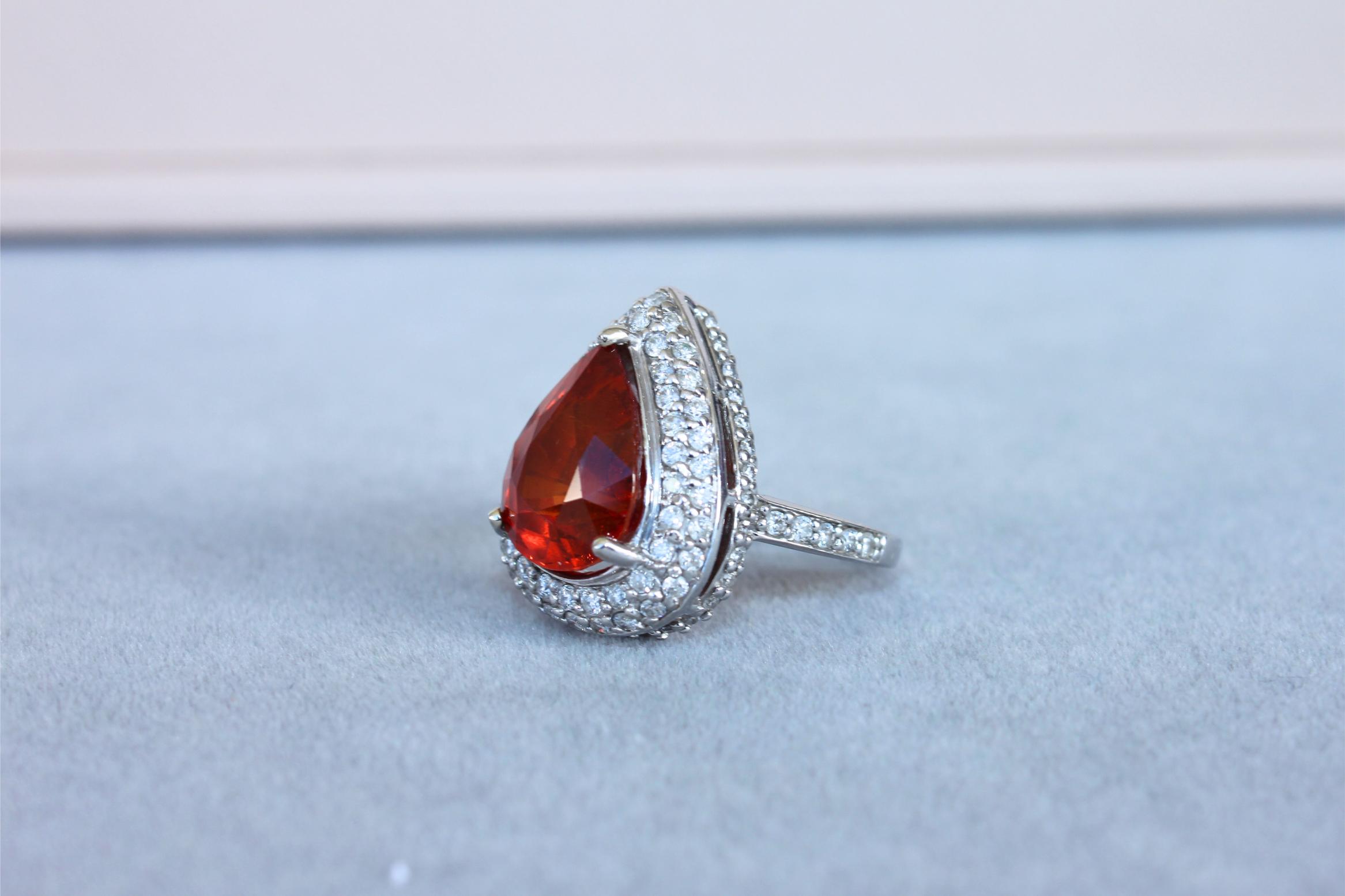 Mandarin Garnet Spessartine Pear Drop Shape Diamond Halo Pave White Gold Ring