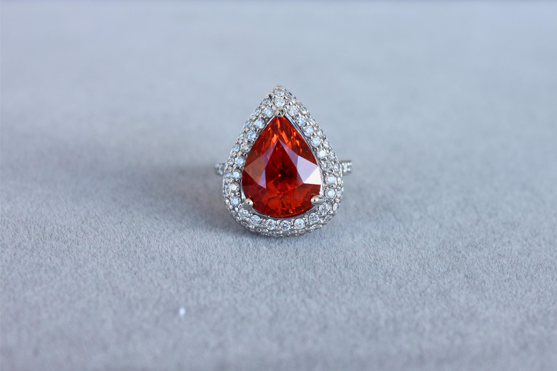 Mandarin Garnet Spessartine Pear Drop Shape Diamond Halo Pave White Gold Ring