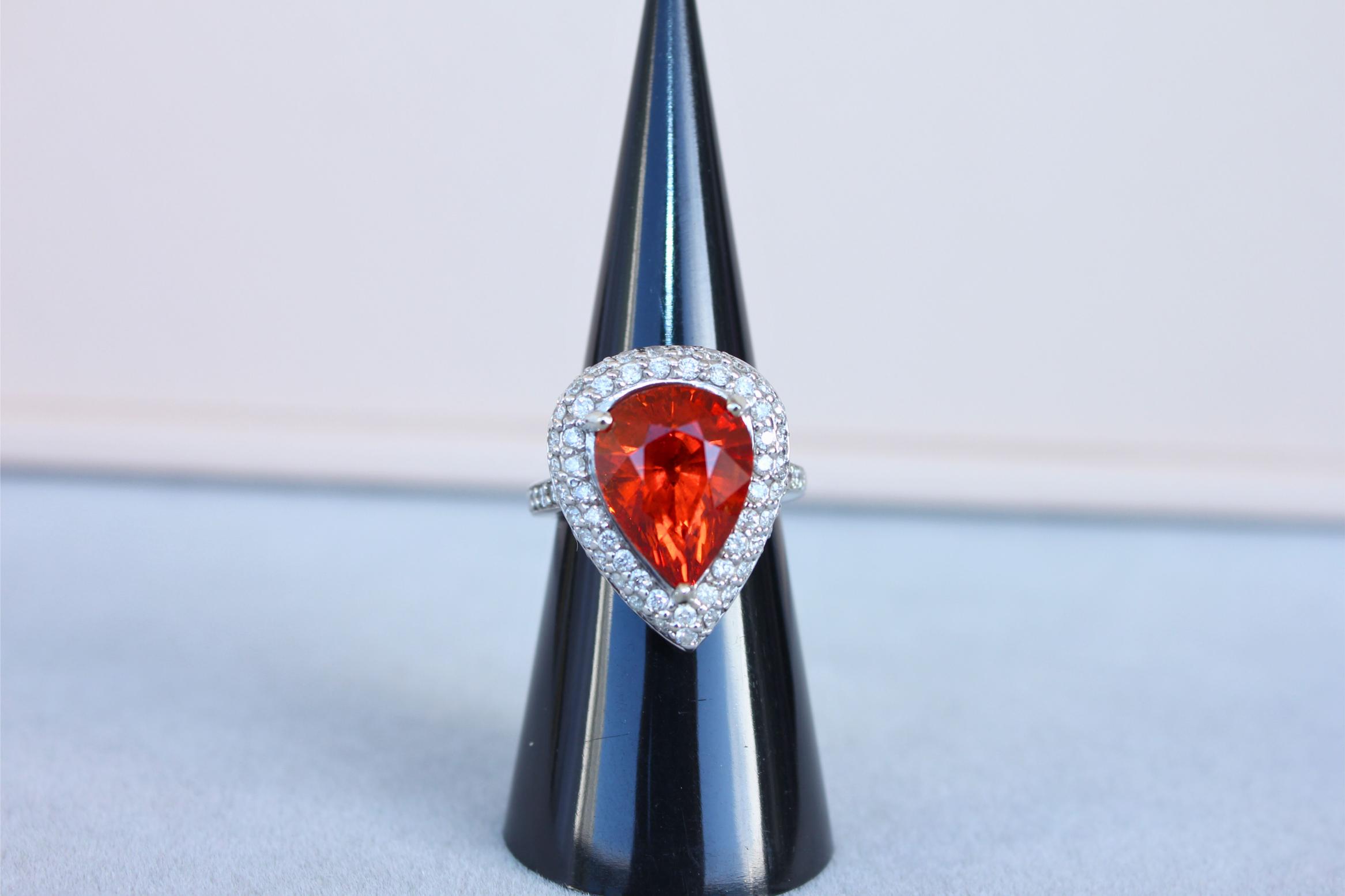 Mandarin Garnet Spessartine Pear Drop Shape Diamond Halo Pave White Gold Ring