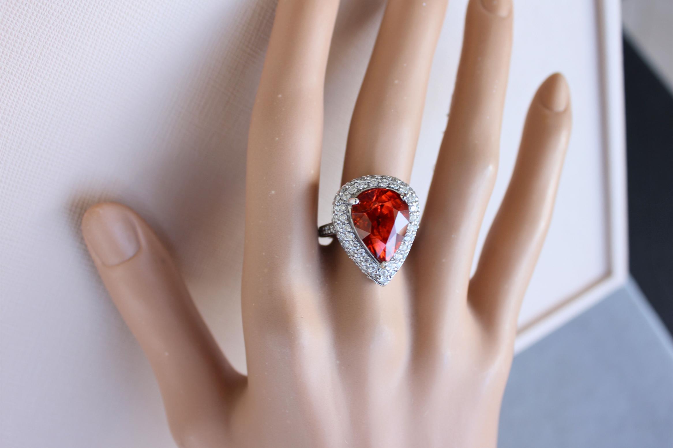 Mandarin Garnet Spessartine Pear Drop Shape Diamond Halo Pave White Gold Ring