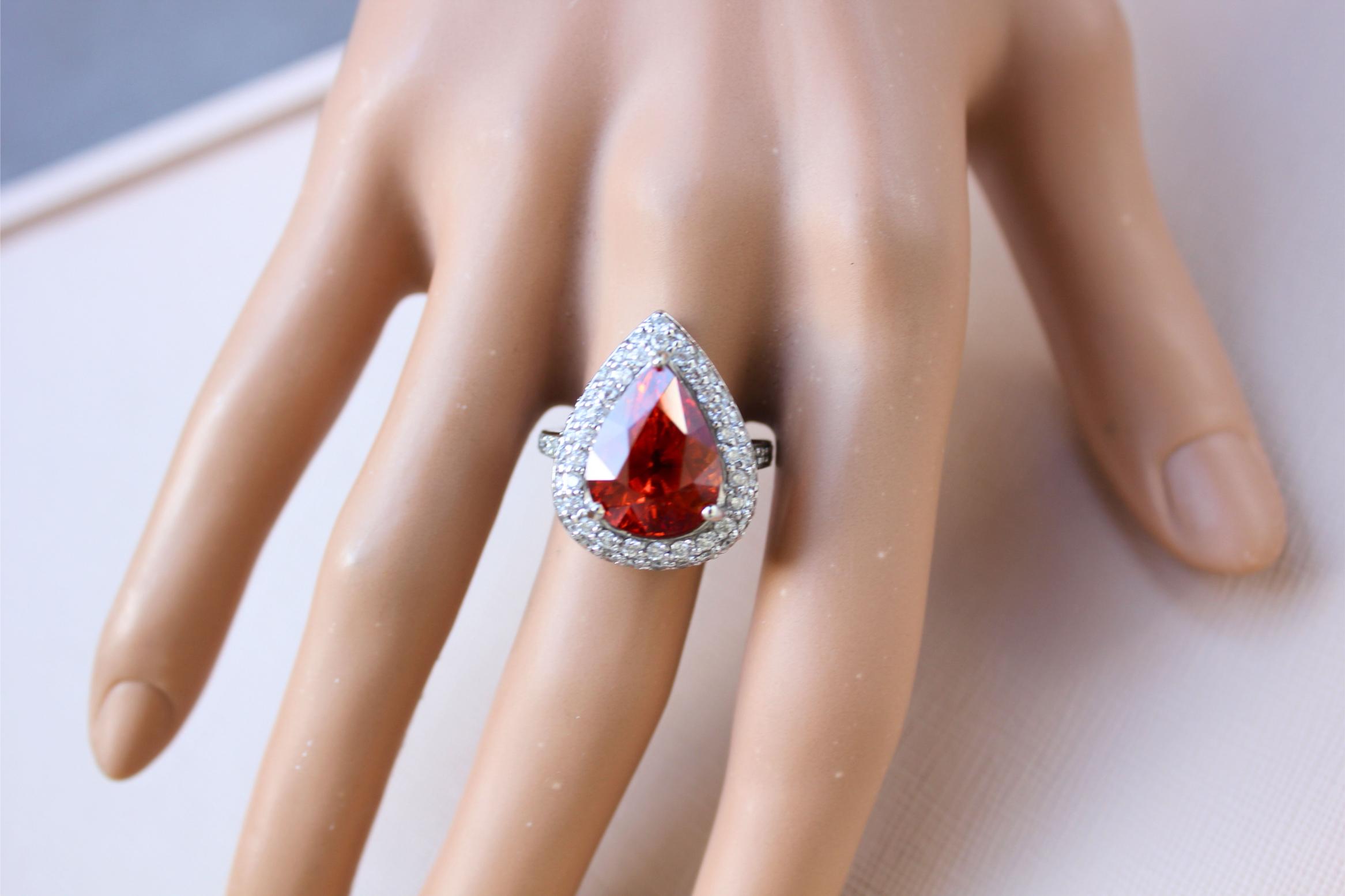 Mandarin Garnet Spessartine Pear Drop Shape Diamond Halo Pave White Gold Ring