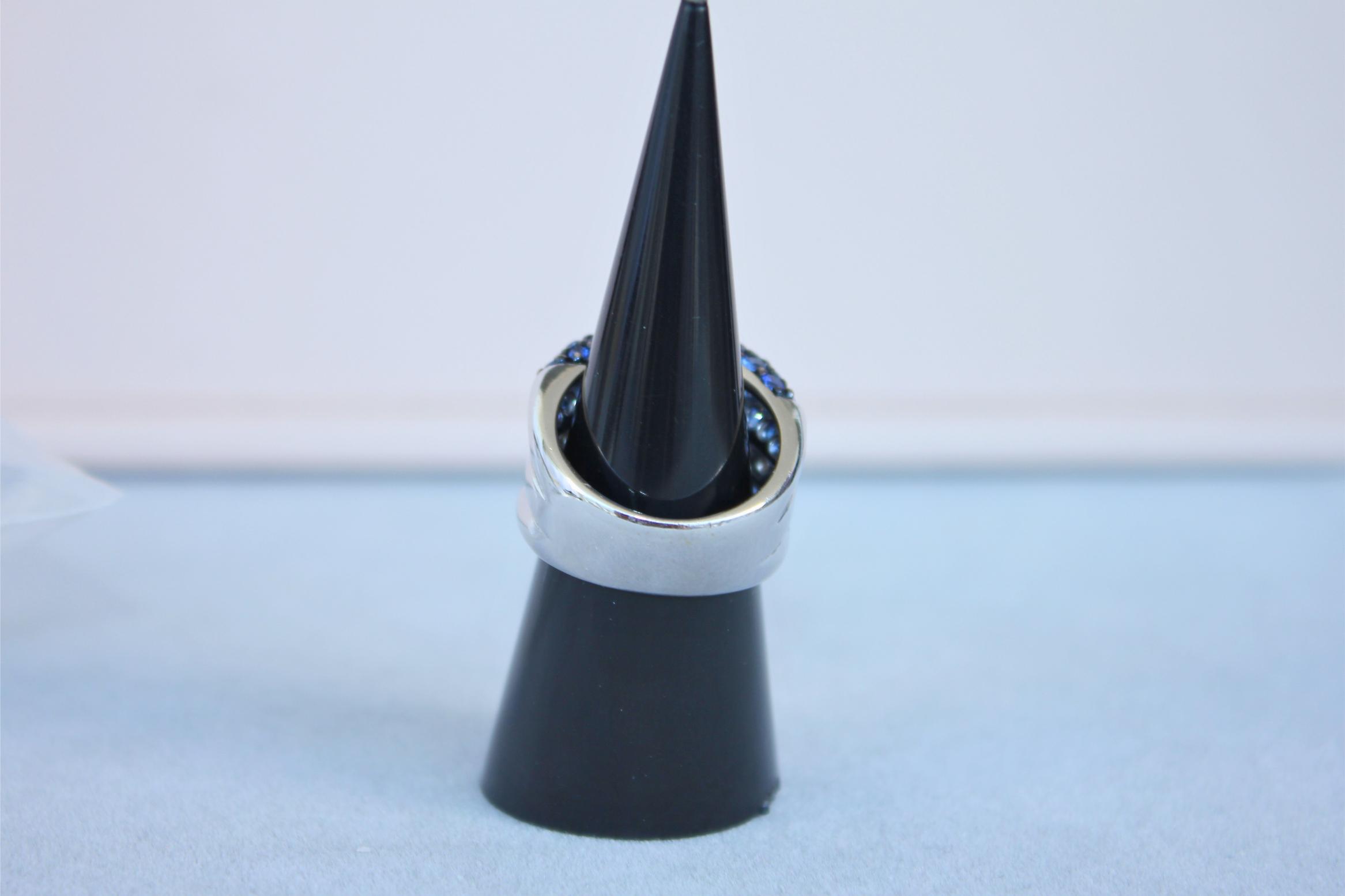 Round Diamond Bezel Set Blue Sapphire Pave Set 18 Karat White Gold Unique Ring