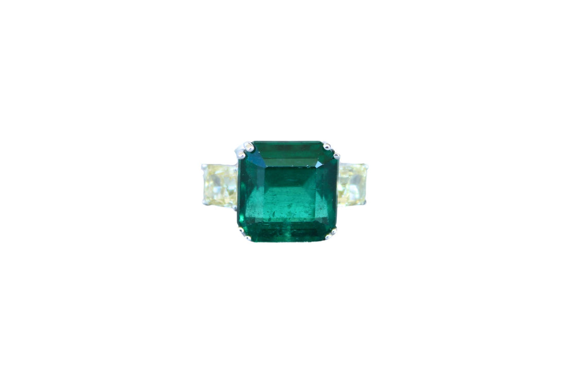 Square Cut Emerald Yellow Cushion Shape Diamonds Two Stone 18K White Gold Ring