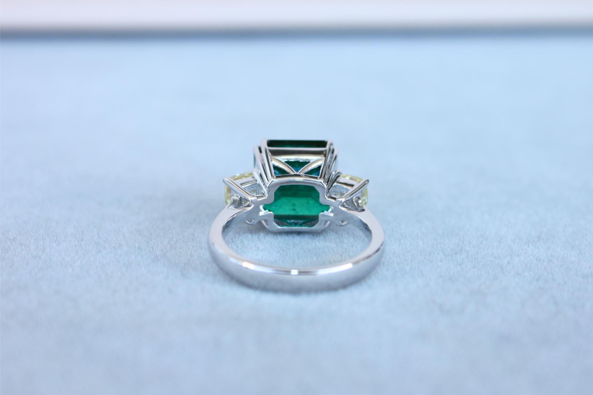 Square Cut Emerald Yellow Cushion Shape Diamonds Two Stone 18K White Gold Ring