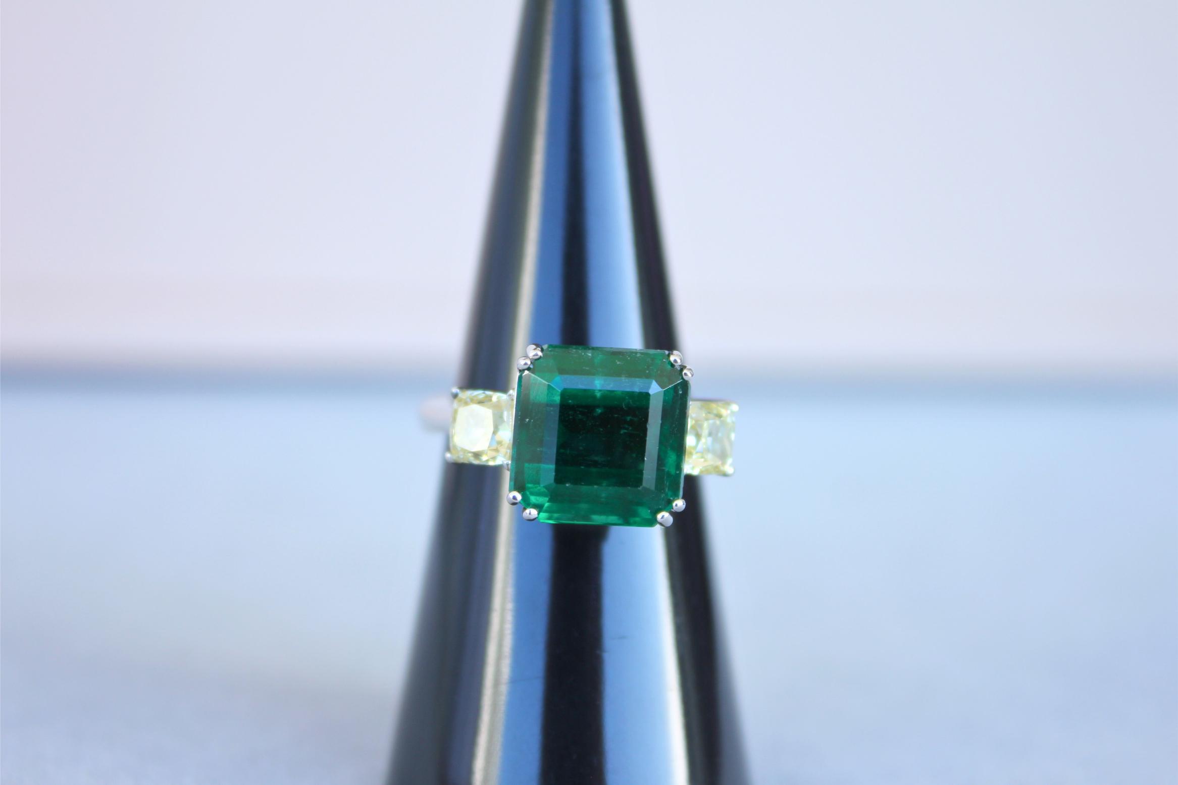 Square Cut Emerald Yellow Cushion Shape Diamonds Two Stone 18K White Gold Ring