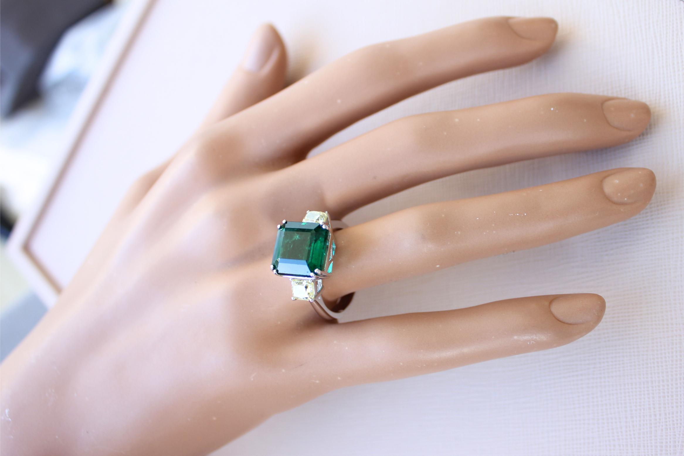 Square Cut Emerald Yellow Cushion Shape Diamonds Two Stone 18K White Gold Ring