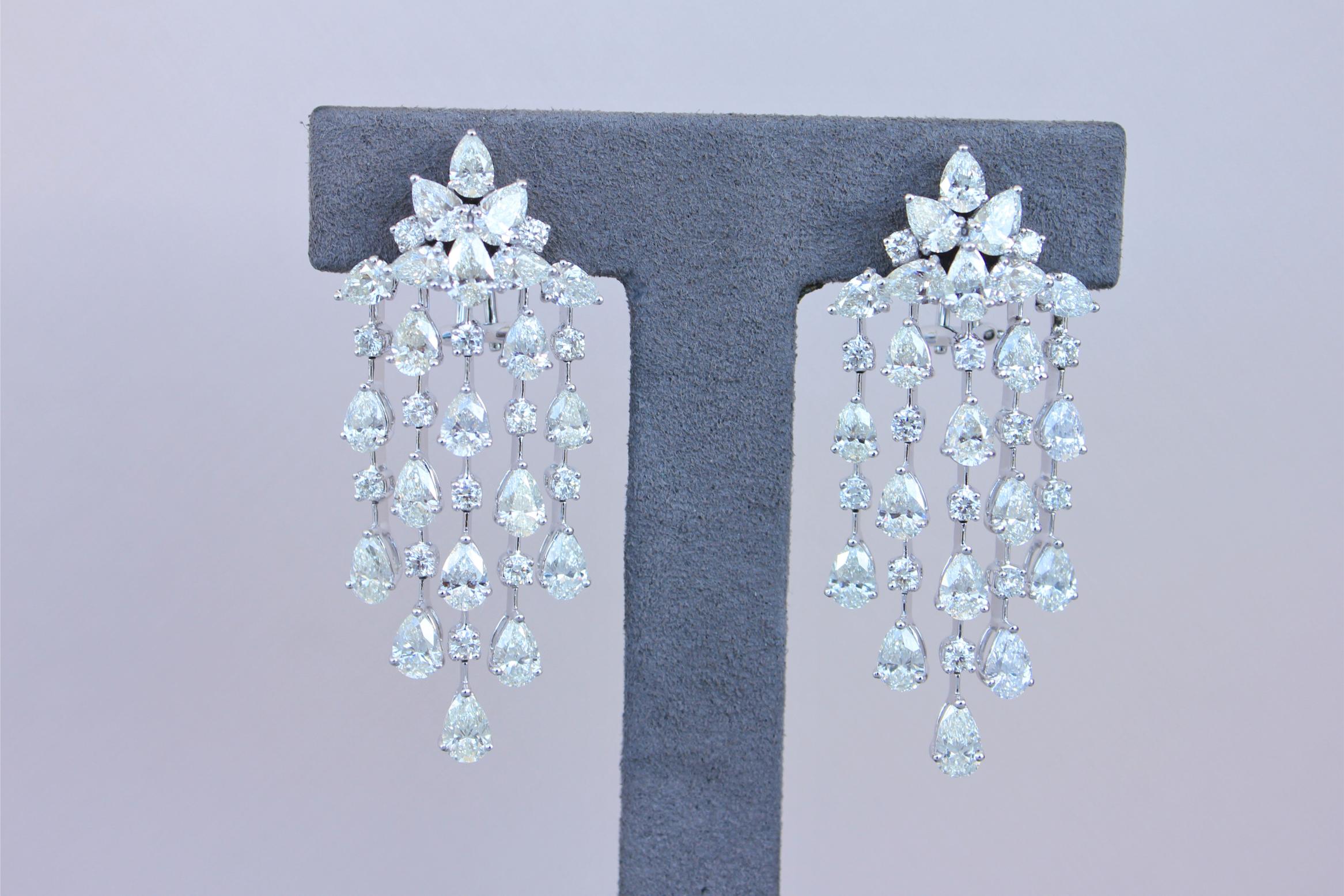 Fancy Shape Pear Round Brilliant Cut Chandelier 18K White Gold Drop Earrings