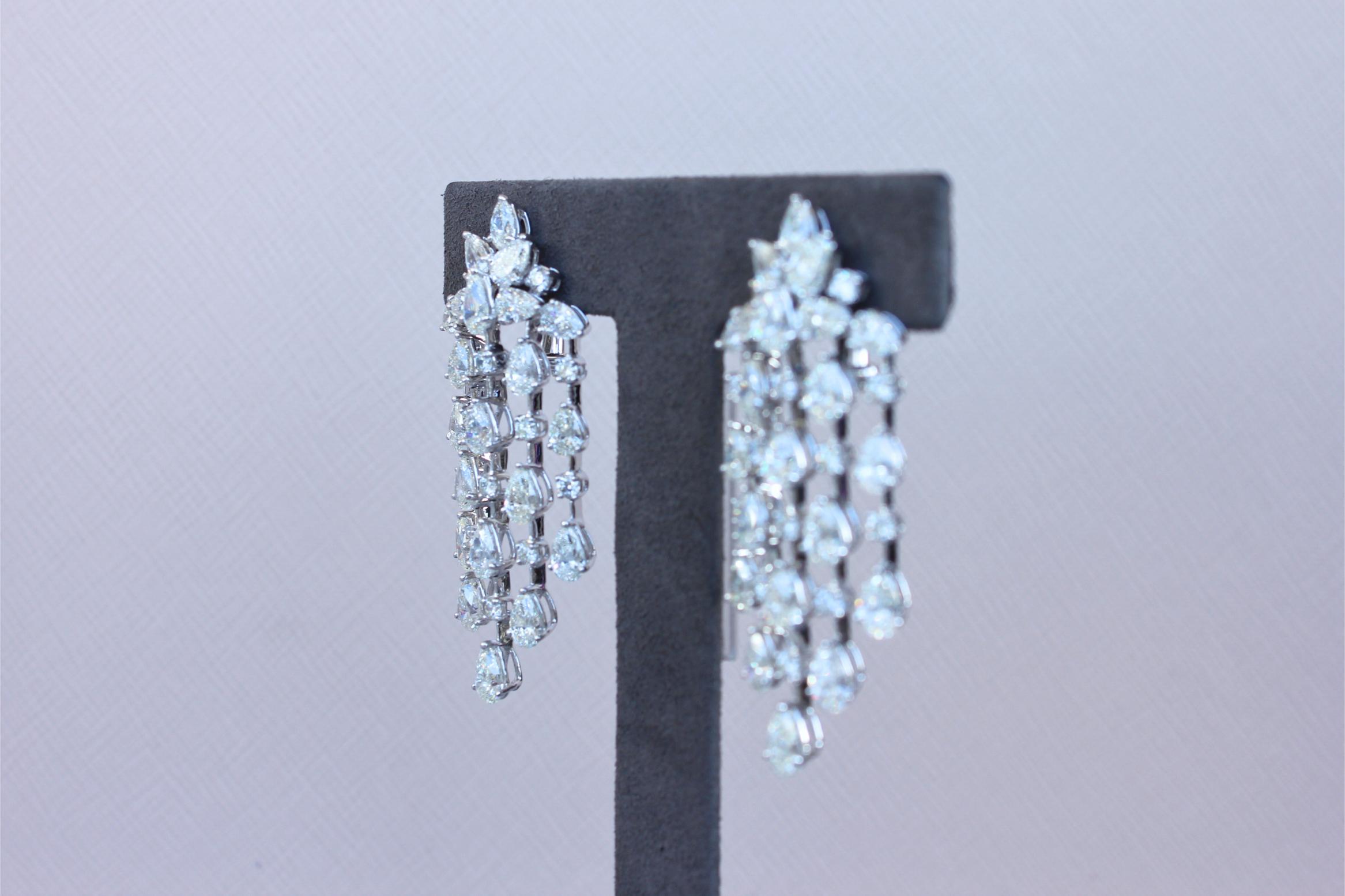 Fancy Shape Pear Round Brilliant Cut Chandelier 18K White Gold Drop Earrings