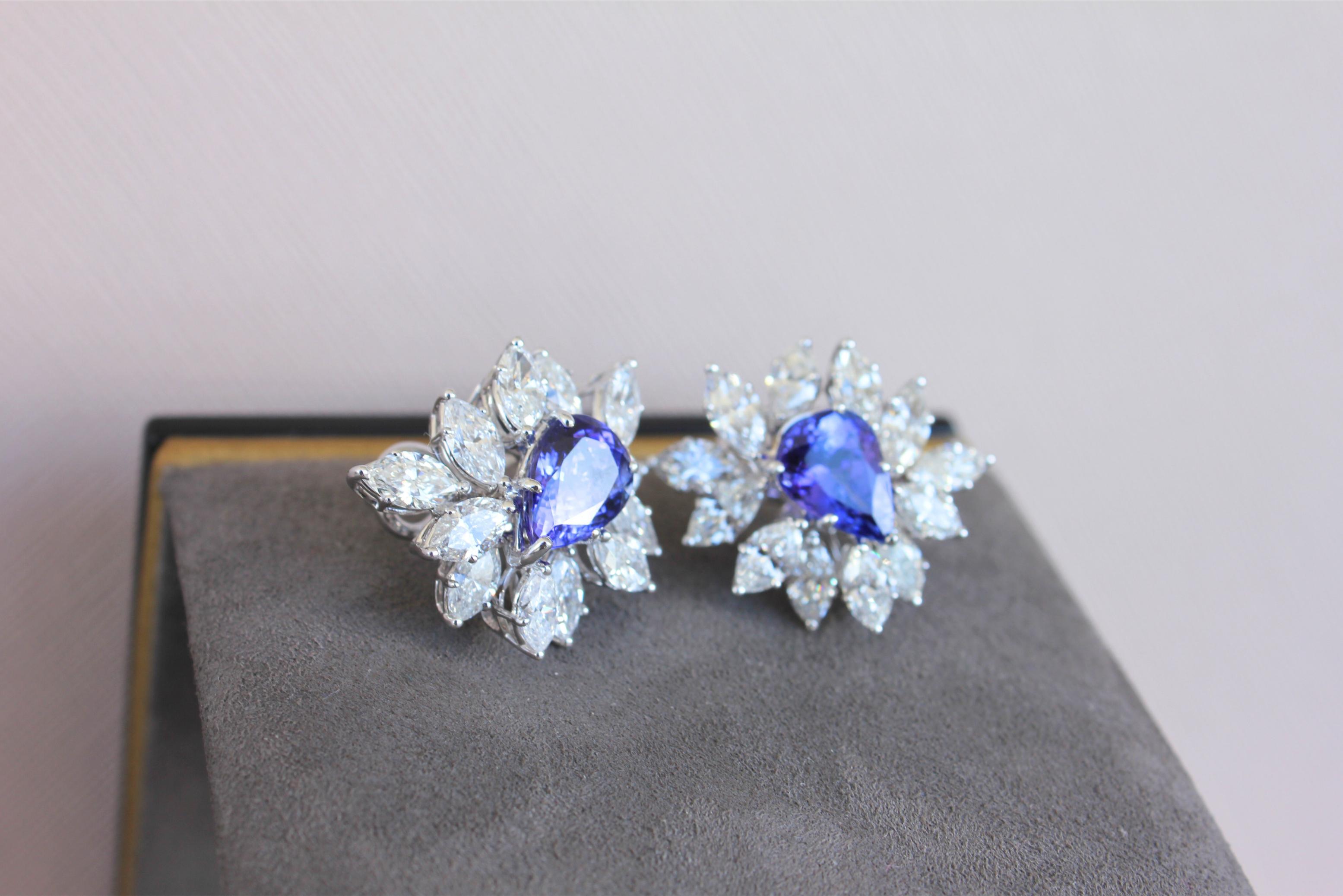 Rare Blue Tanzanite Fancy Pear Shape Marquise Diamonds 18K White Gold Earrings