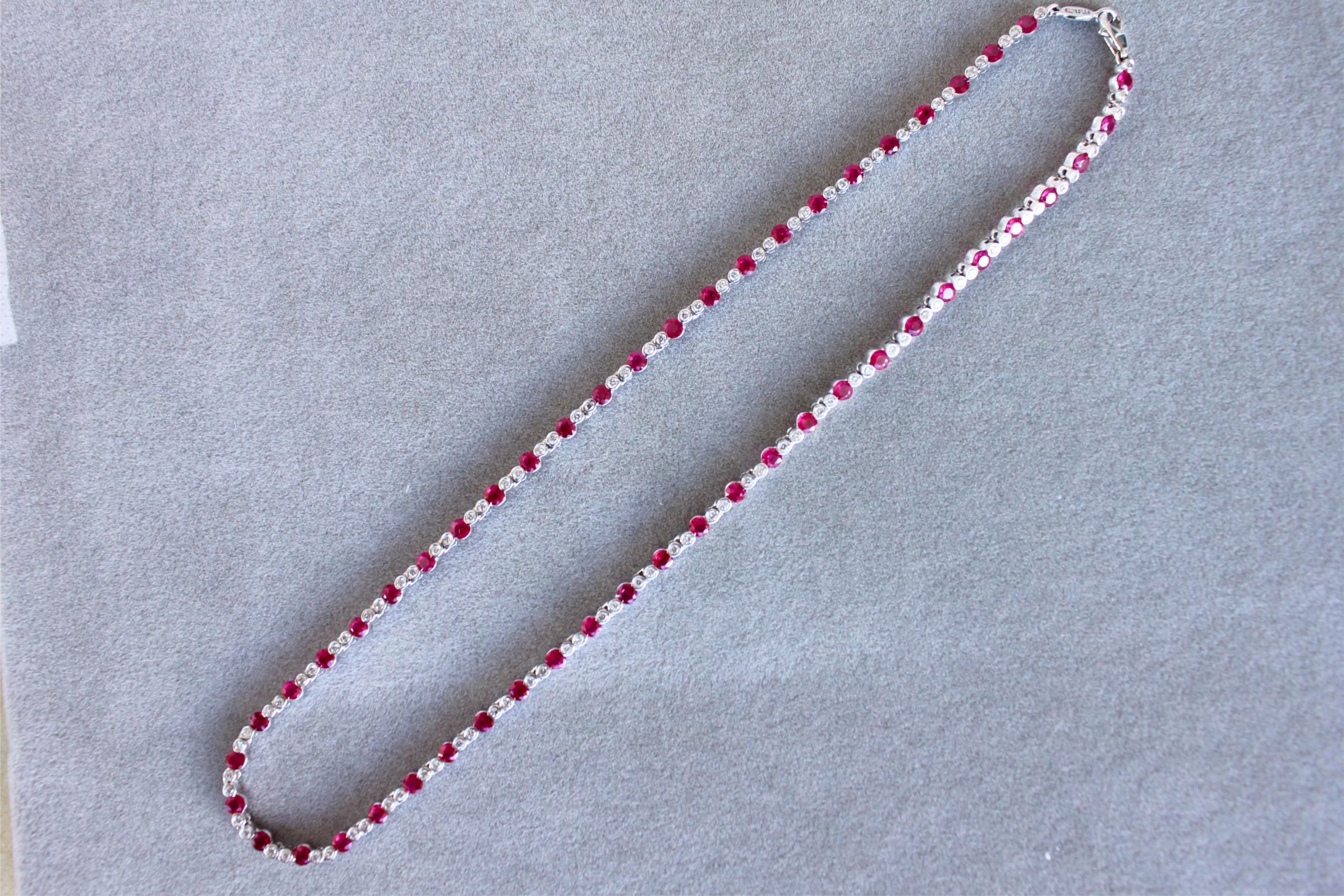Ruby Diamond Bezel Set Tennis Line 14K White Gold Classic Set Unique Necklace