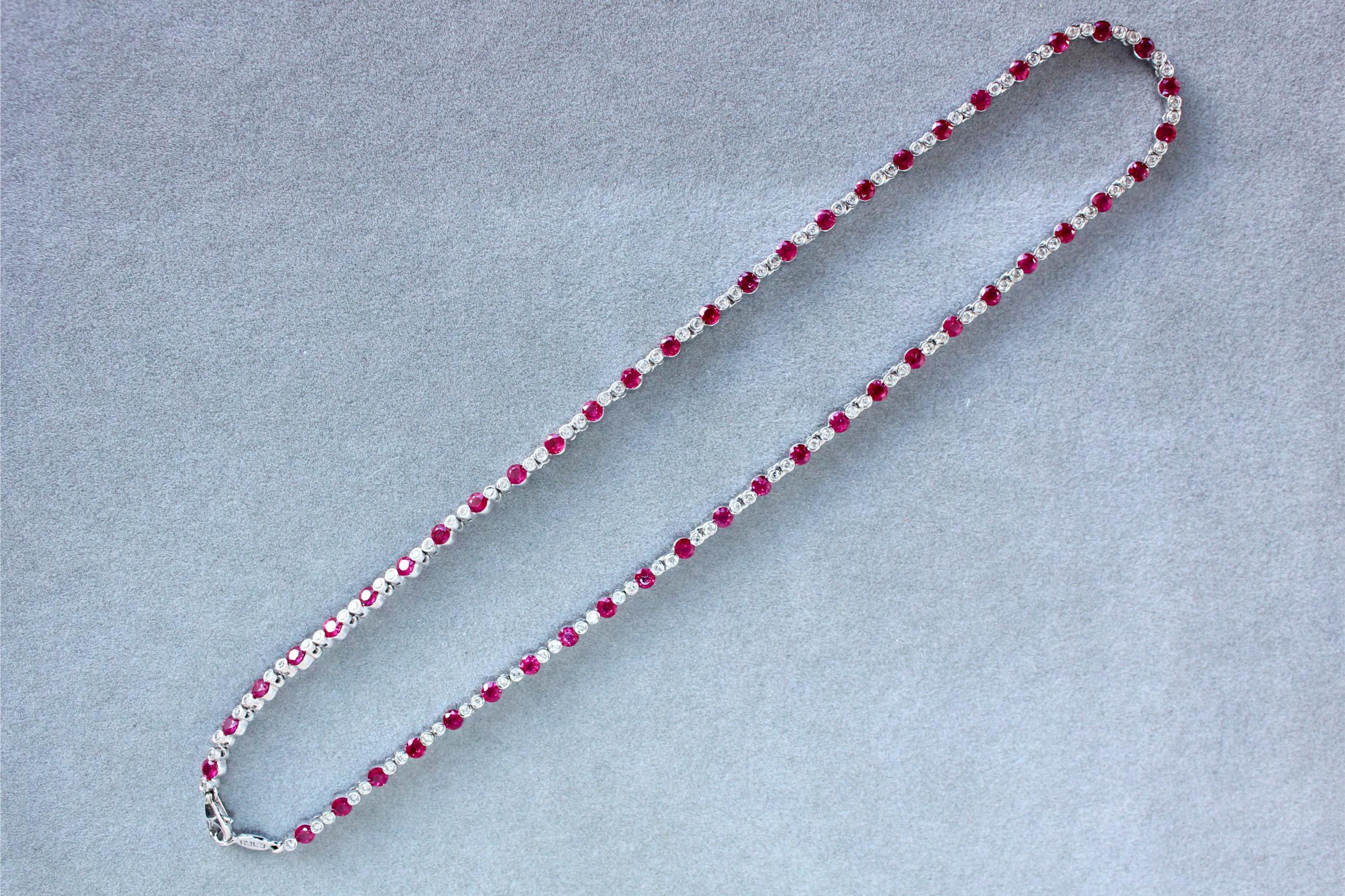 Ruby Diamond Bezel Set Tennis Line 14K White Gold Classic Set Unique Necklace