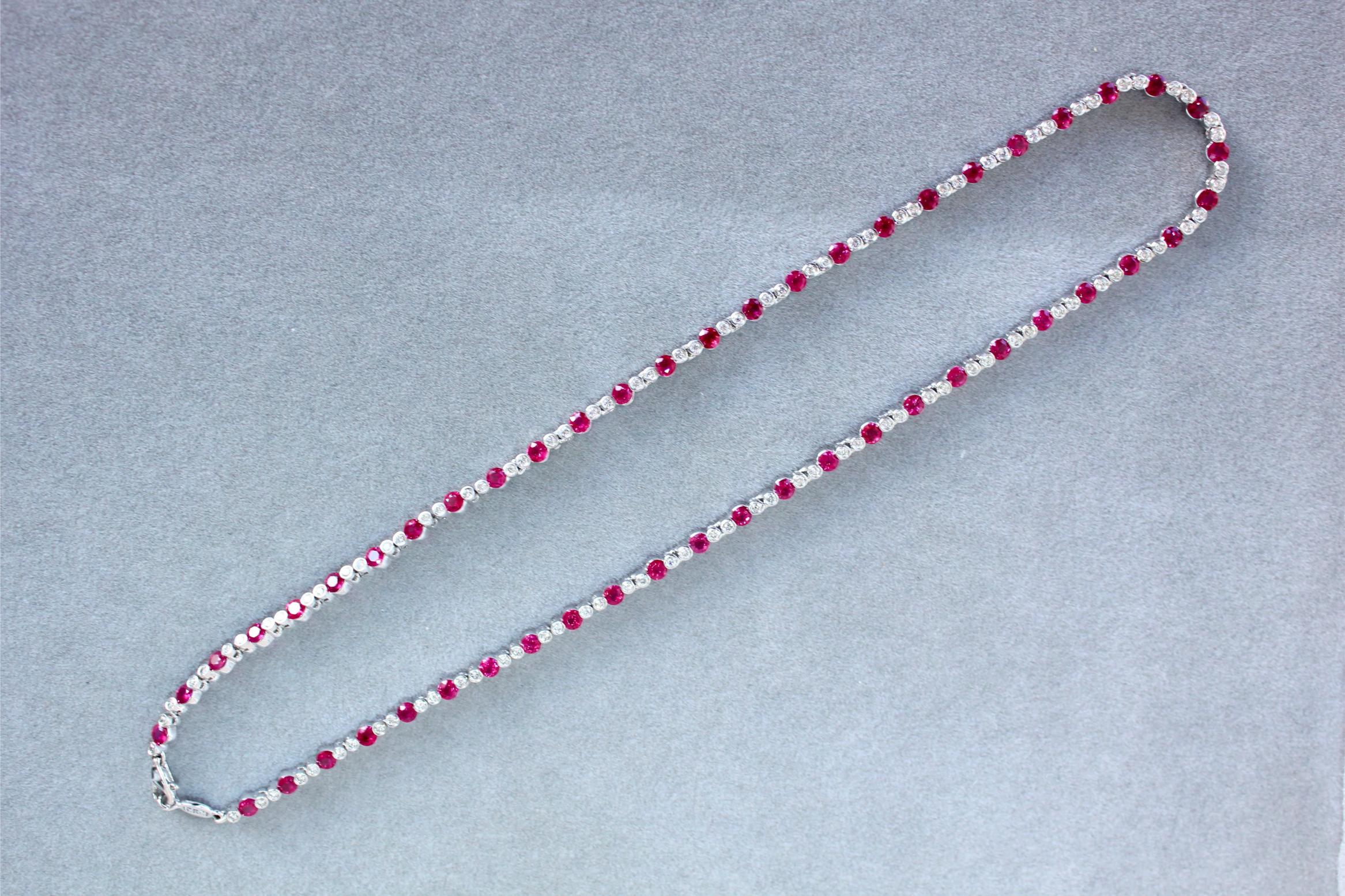 Ruby Diamond Bezel Set Tennis Line 14K White Gold Classic Set Unique Necklace