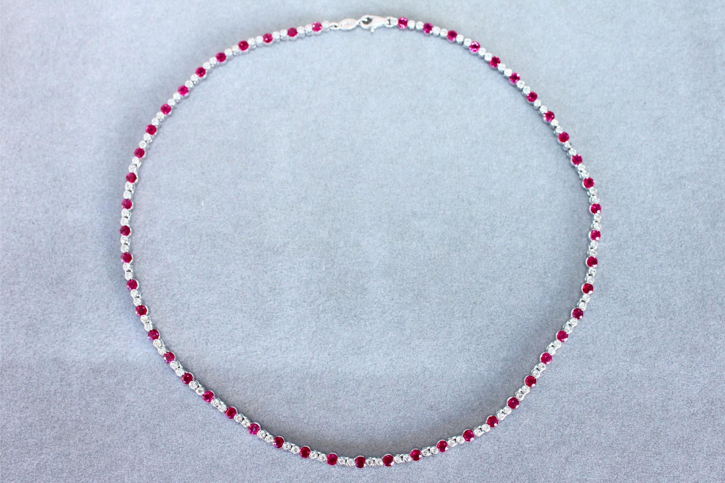 Ruby Diamond Bezel Set Tennis Line 14K White Gold Classic Set Unique Necklace