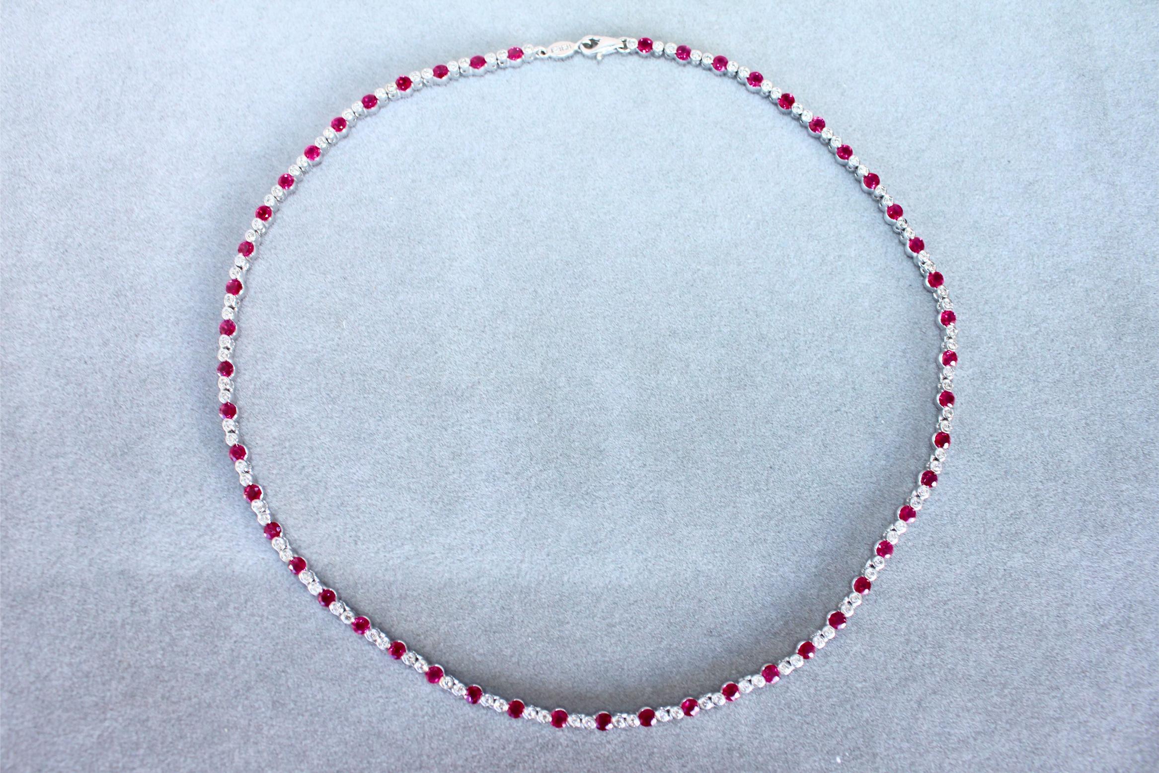 Ruby Diamond Bezel Set Tennis Line 14K White Gold Classic Set Unique Necklace
