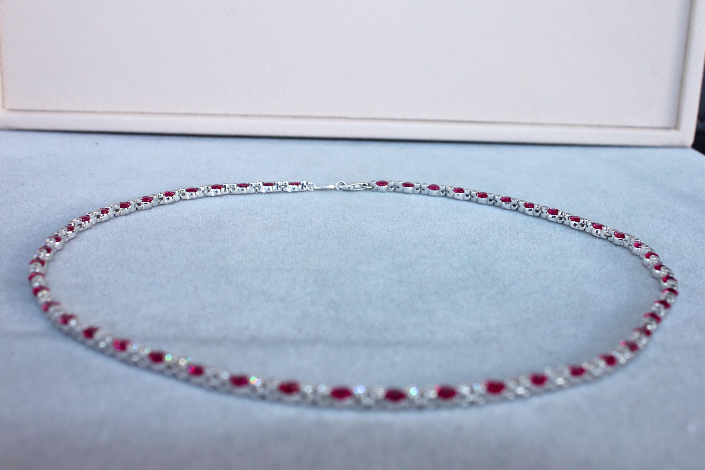Ruby Diamond Bezel Set Tennis Line 14K White Gold Classic Set Unique Necklace