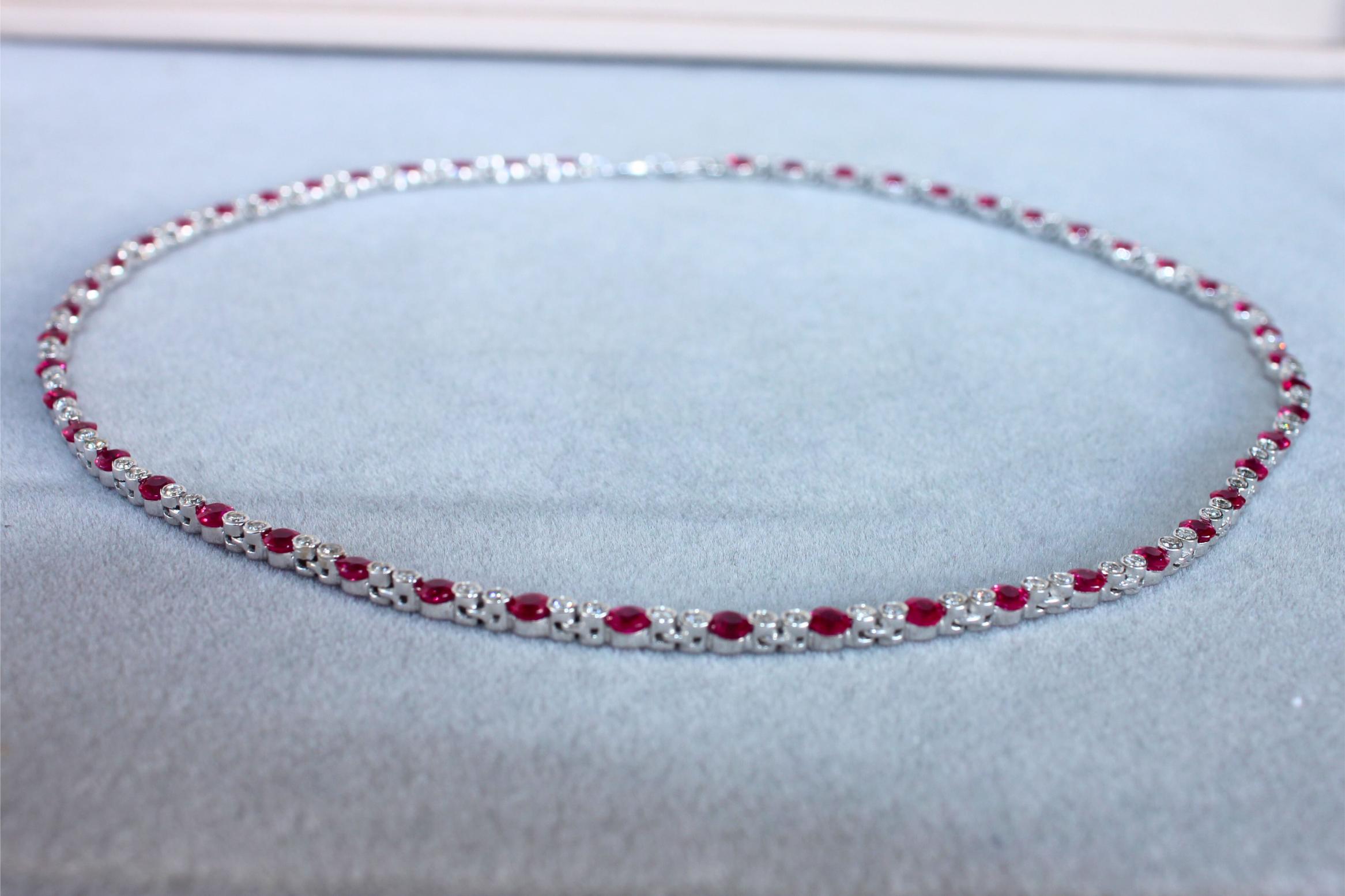 Ruby Diamond Bezel Set Tennis Line 14K White Gold Classic Set Unique Necklace