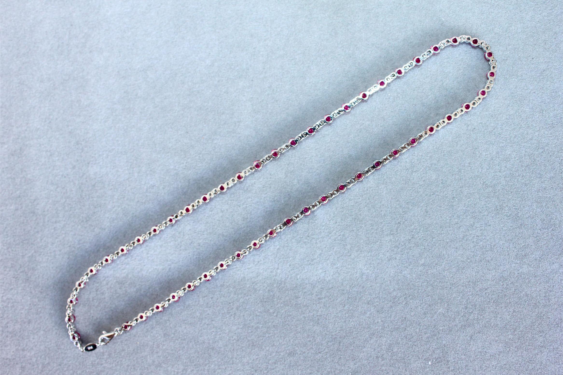 Ruby Diamond Bezel Set Tennis Line 14K White Gold Classic Set Unique Necklace