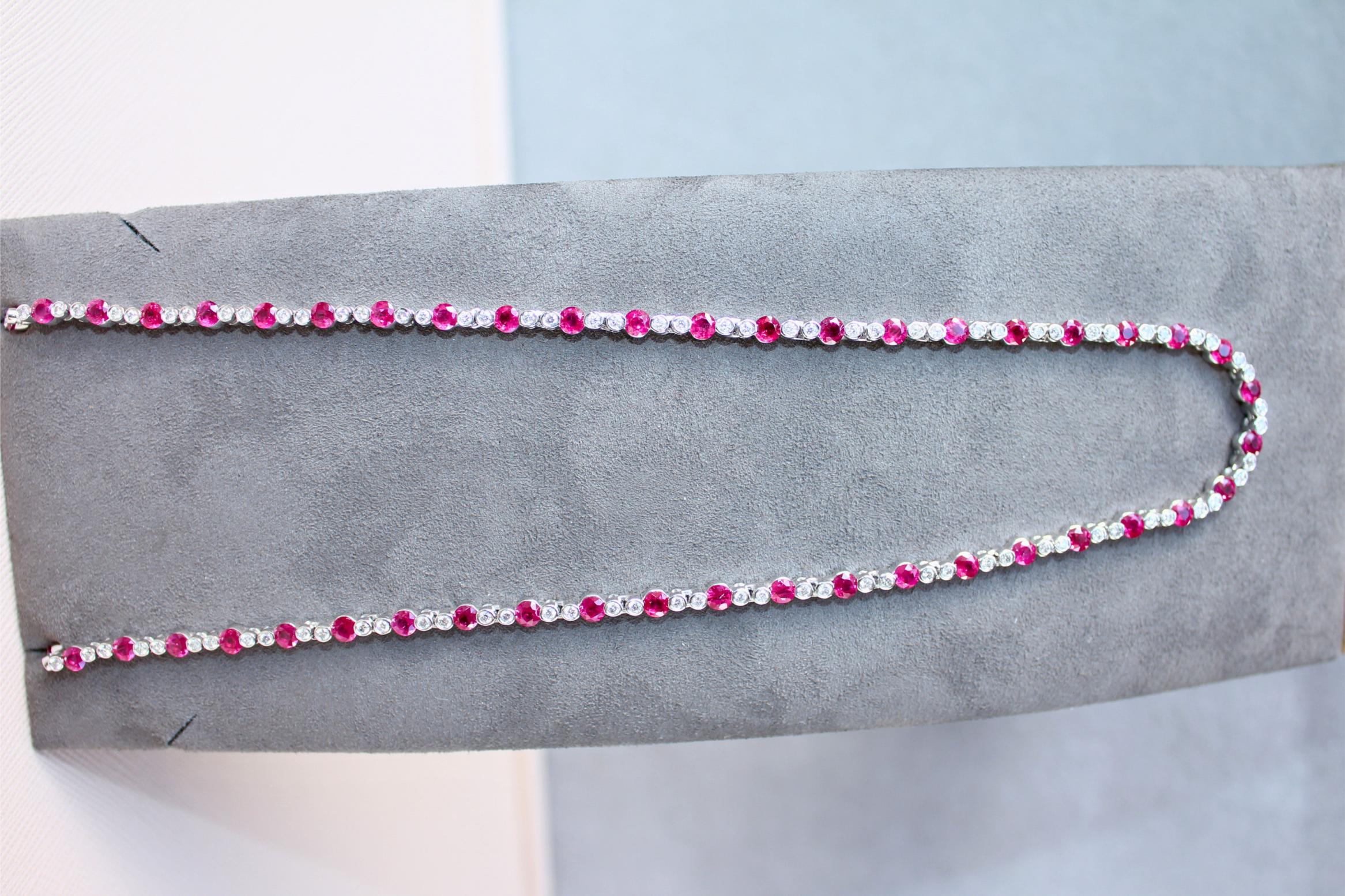 Ruby Diamond Bezel Set Tennis Line 14K White Gold Classic Set Unique Necklace