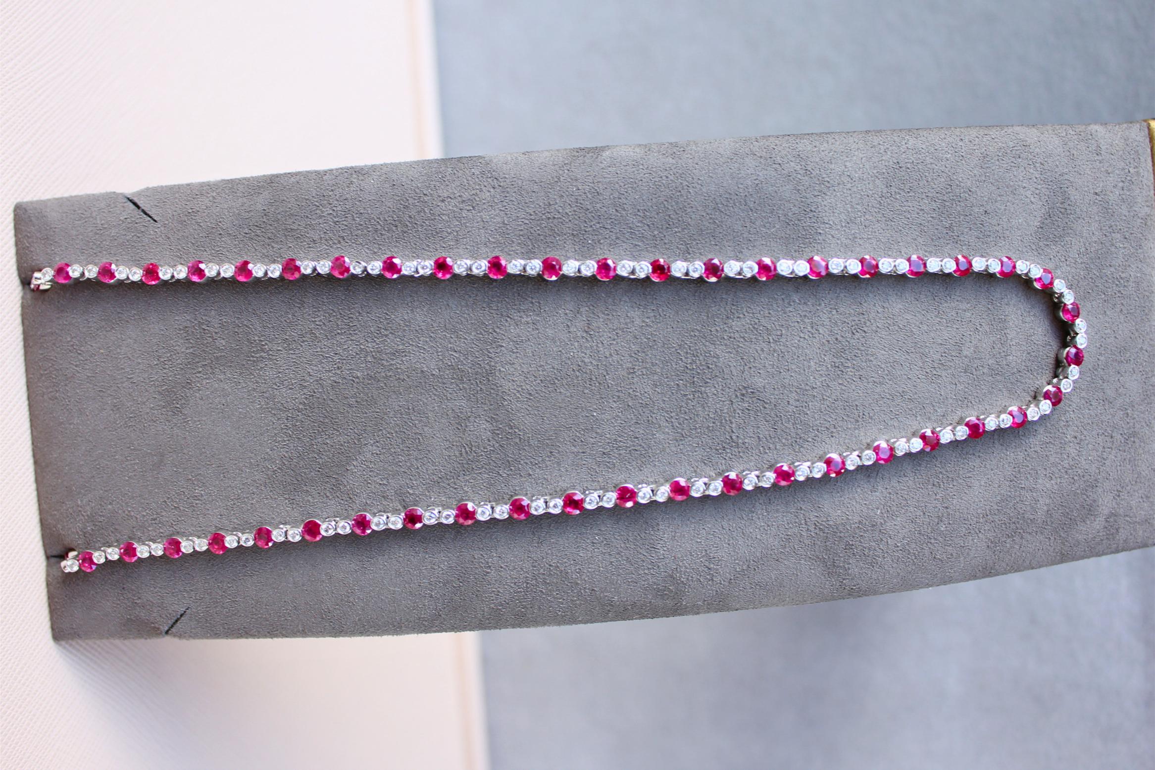 Ruby Diamond Bezel Set Tennis Line 14K White Gold Classic Set Unique Necklace