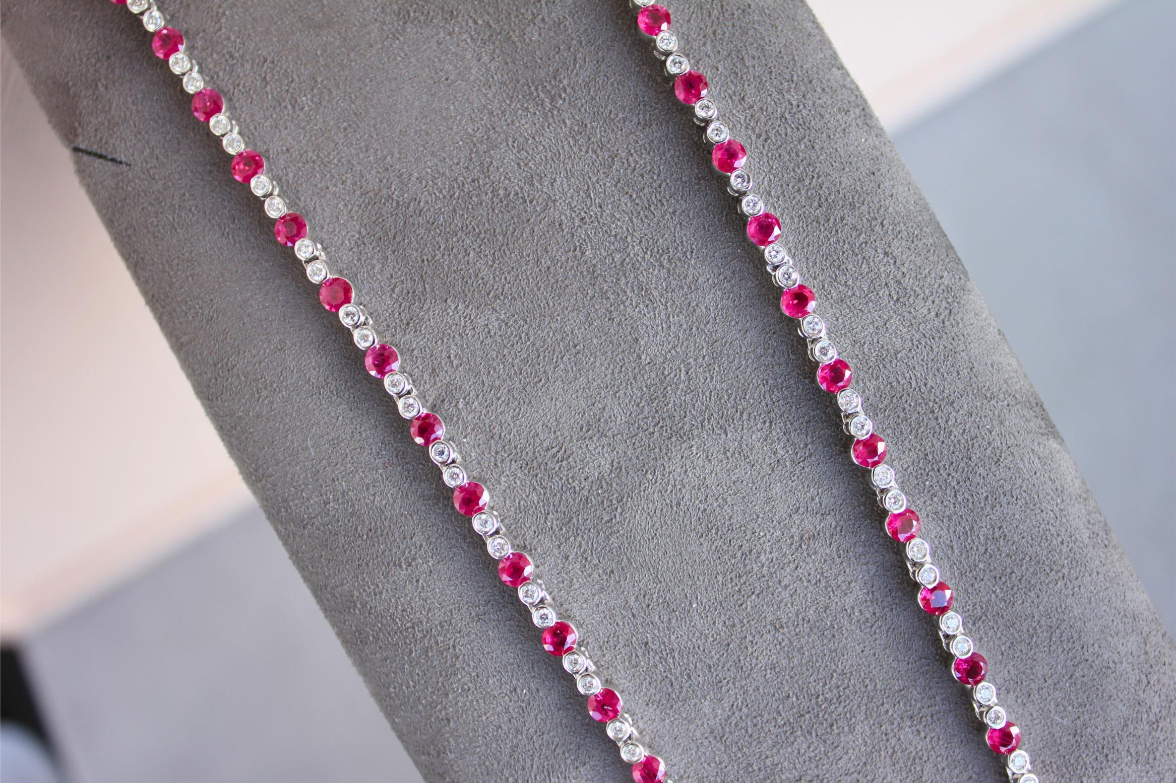 Ruby Diamond Bezel Set Tennis Line 14K White Gold Classic Set Unique Necklace