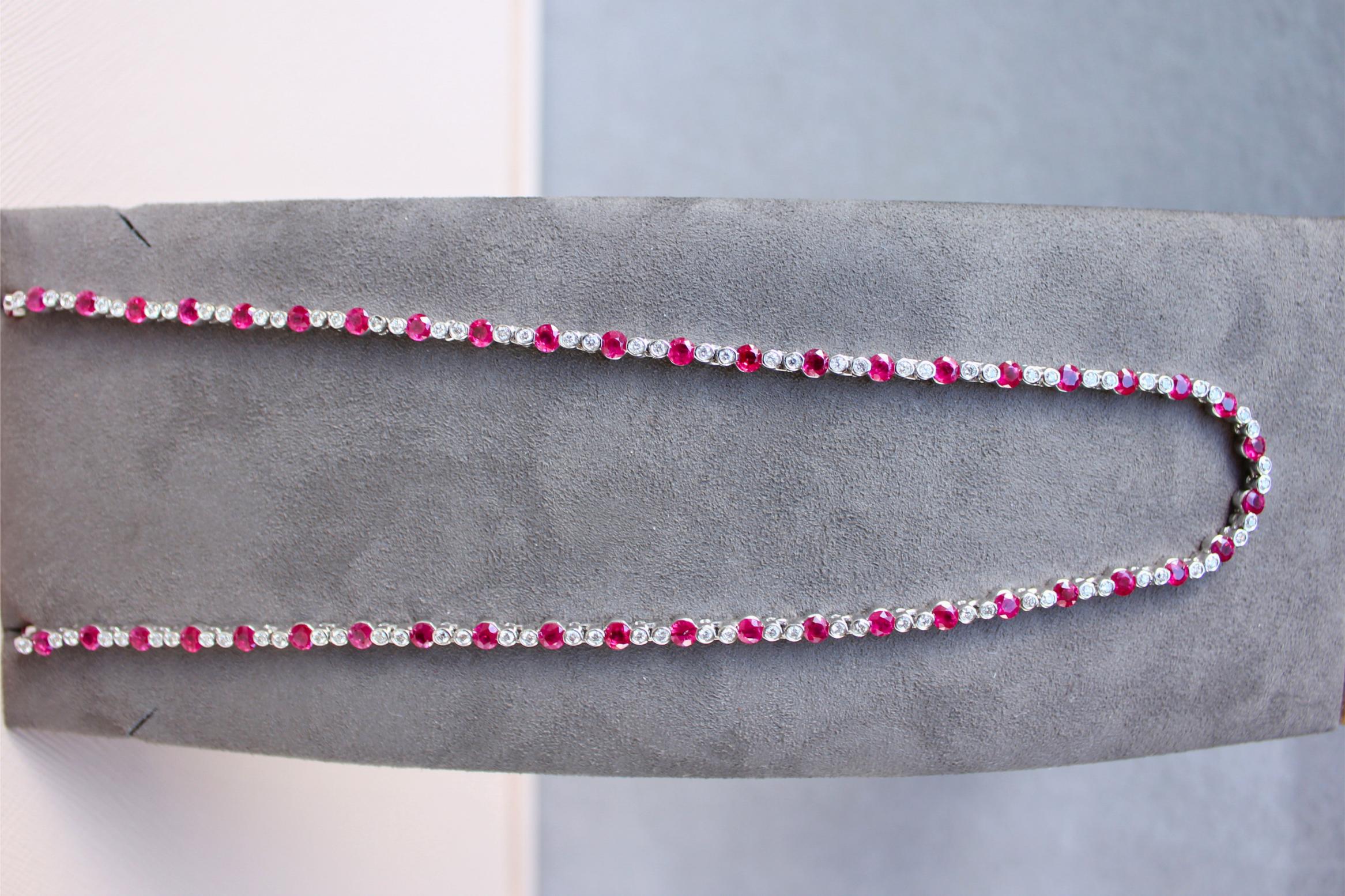 Ruby Diamond Bezel Set Tennis Line 14K White Gold Classic Set Unique Necklace