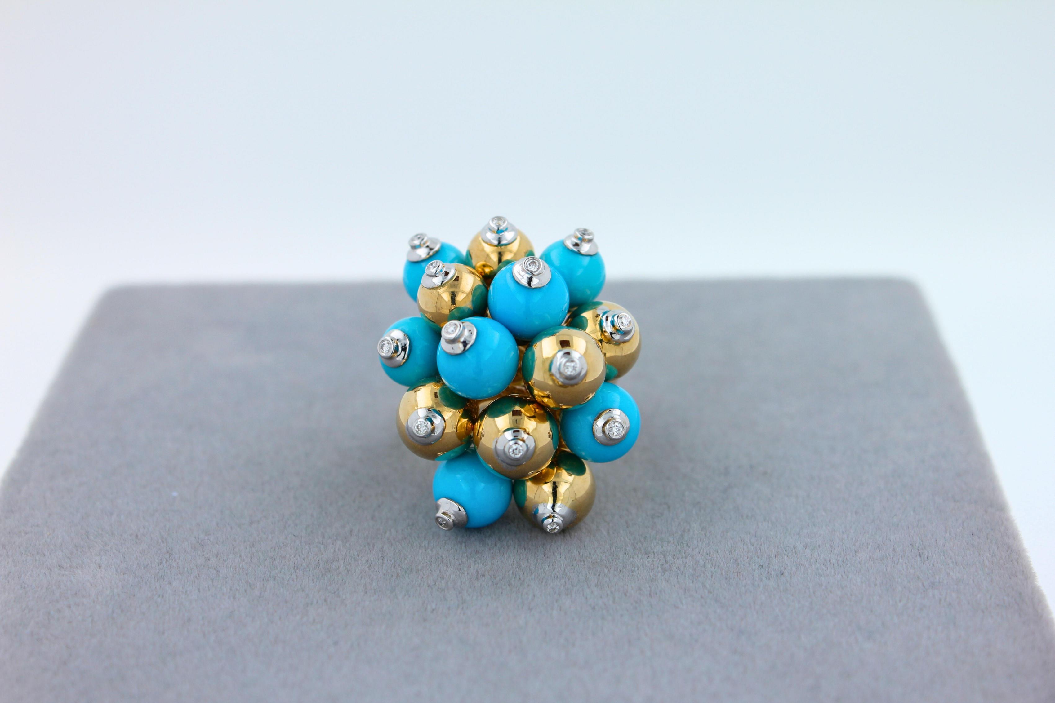 Blue Turquoise Diamonds Golden Spheres Balls Christmas Bells Motif 18K Gold Ring