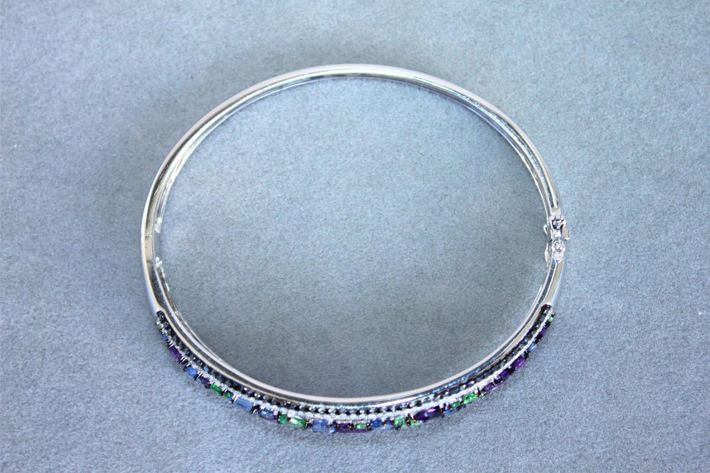 Diamonds Multi Fancy Shape Multi Color Gemstones 14K White Gold Bangle Bracelet
