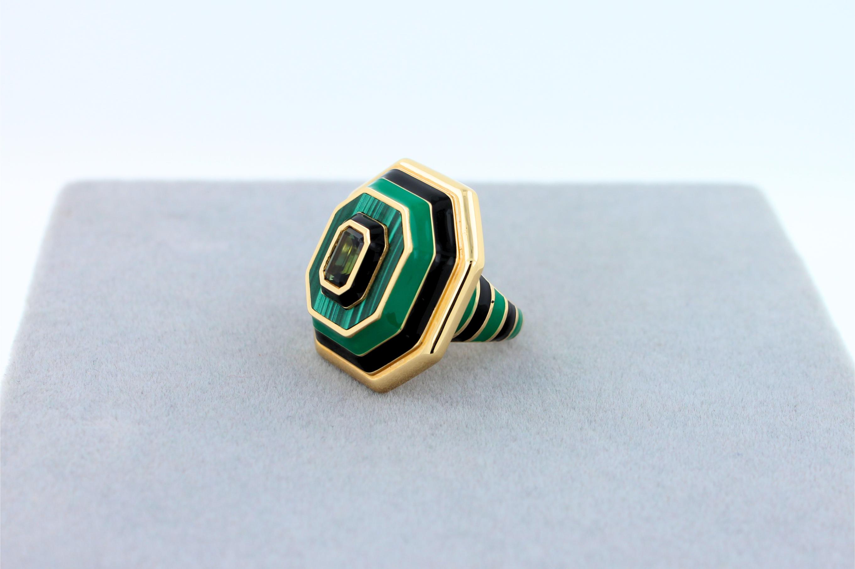 Green Tourmaline Malachite Green Black Enamel 18K Yellow Gold Enamel Unique Ring