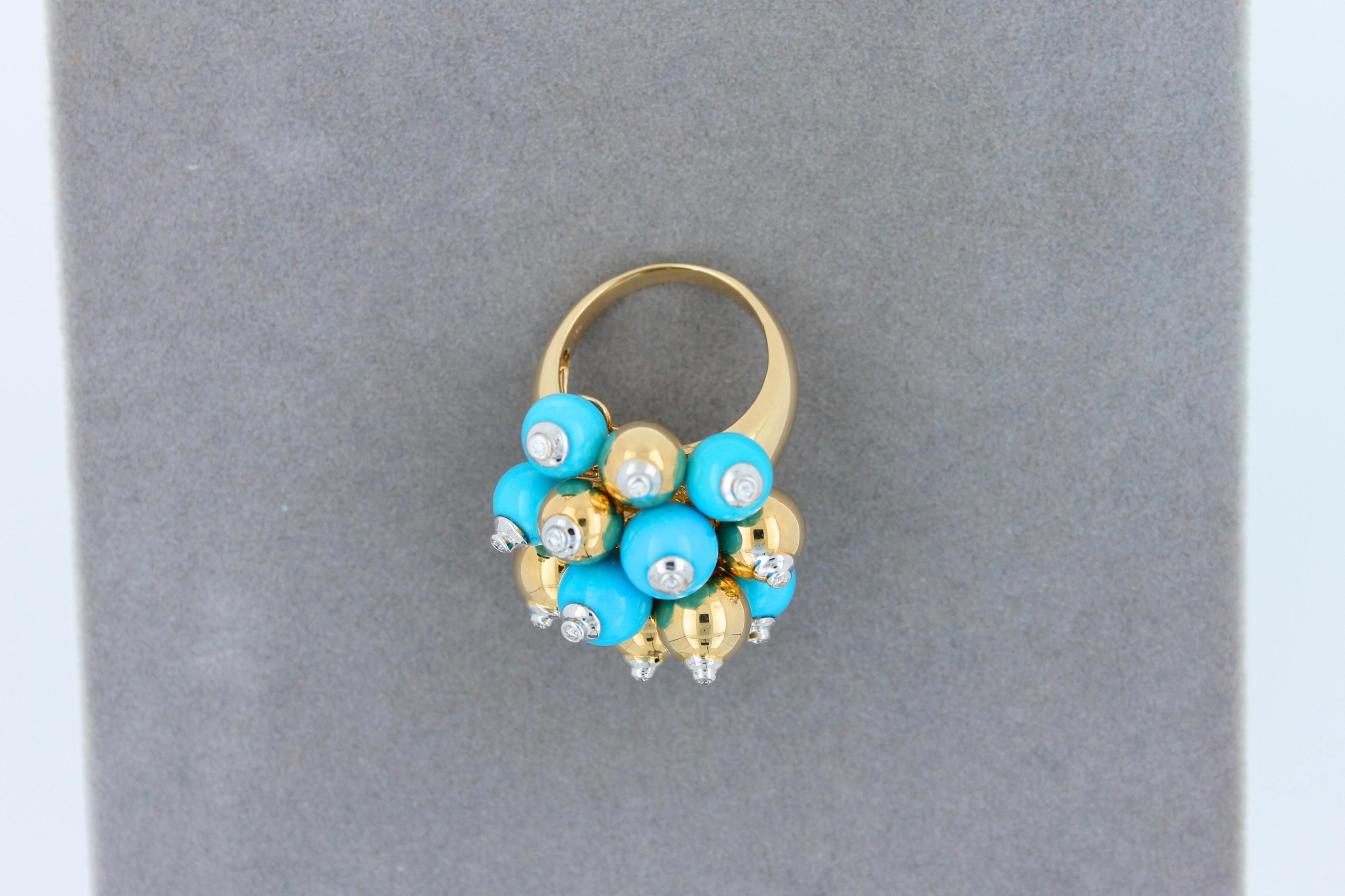 Blue Turquoise Diamonds Golden Spheres Balls Christmas Bells Motif 18K Gold Ring
