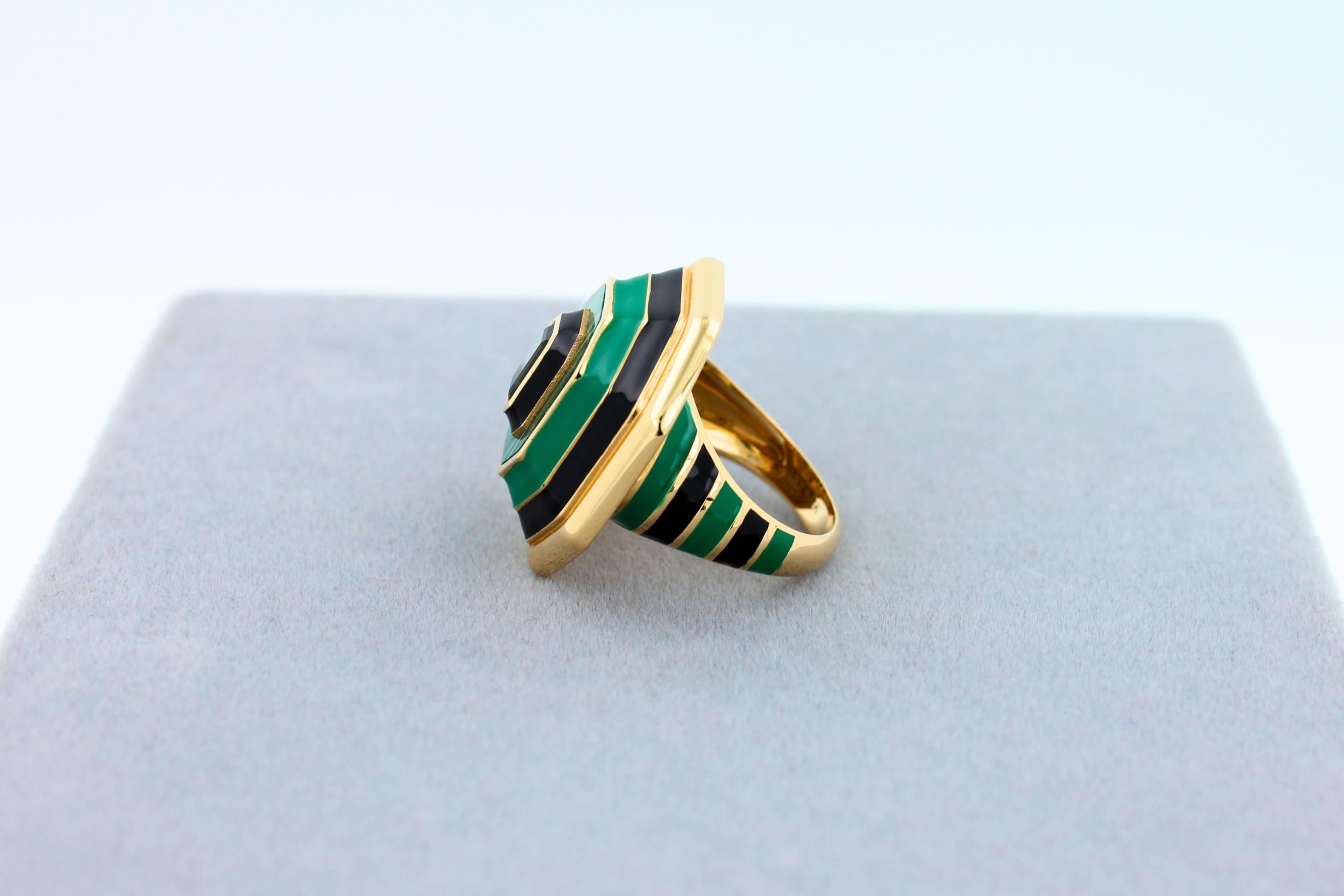 Green Tourmaline Malachite Green Black Enamel 18K Yellow Gold Enamel Unique Ring