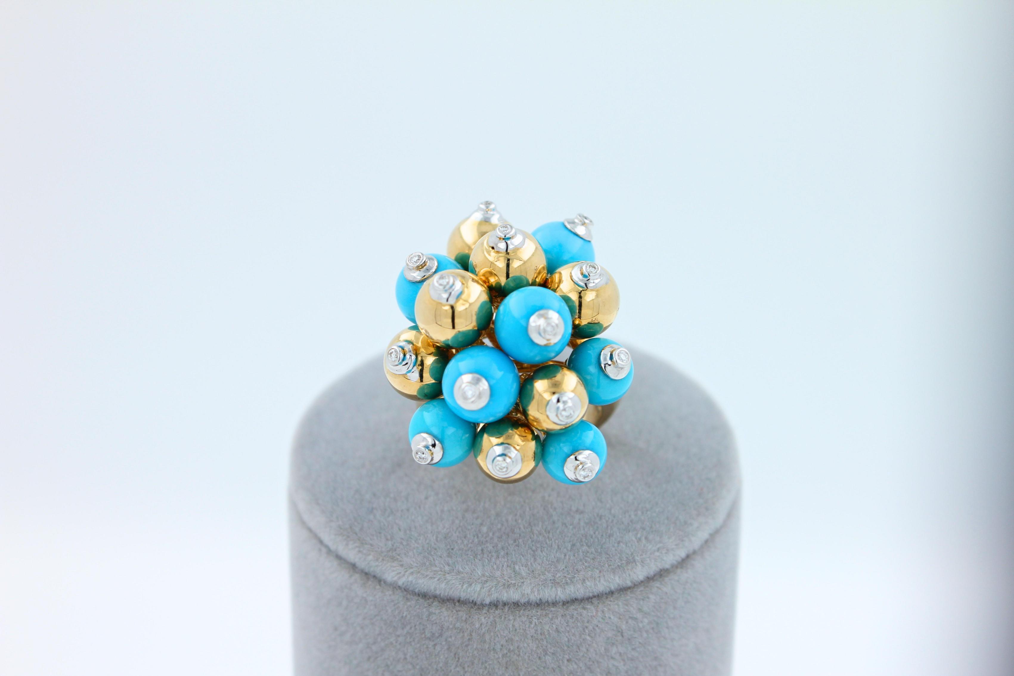 Blue Turquoise Diamonds Golden Spheres Balls Christmas Bells Motif 18K Gold Ring