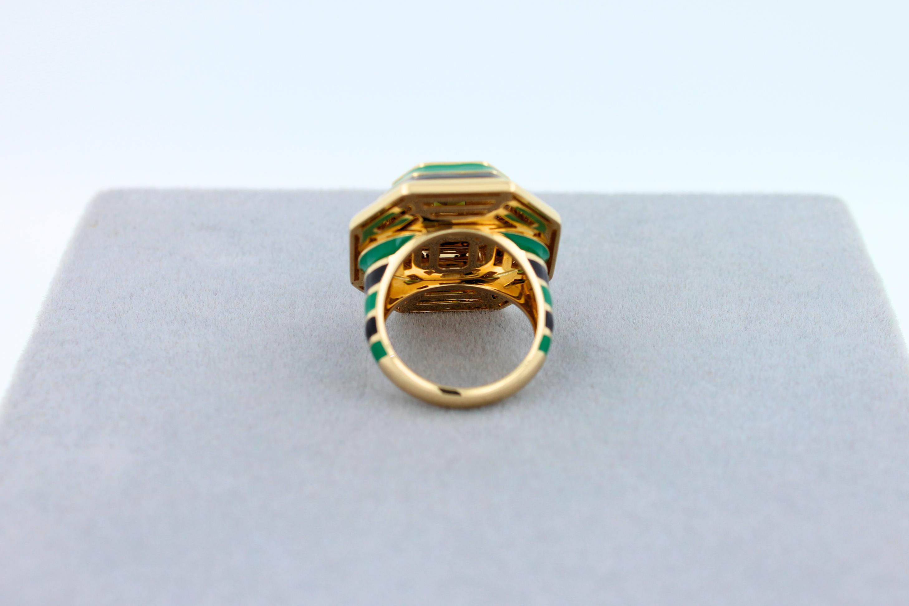 Green Tourmaline Malachite Green Black Enamel 18K Yellow Gold Enamel Unique Ring